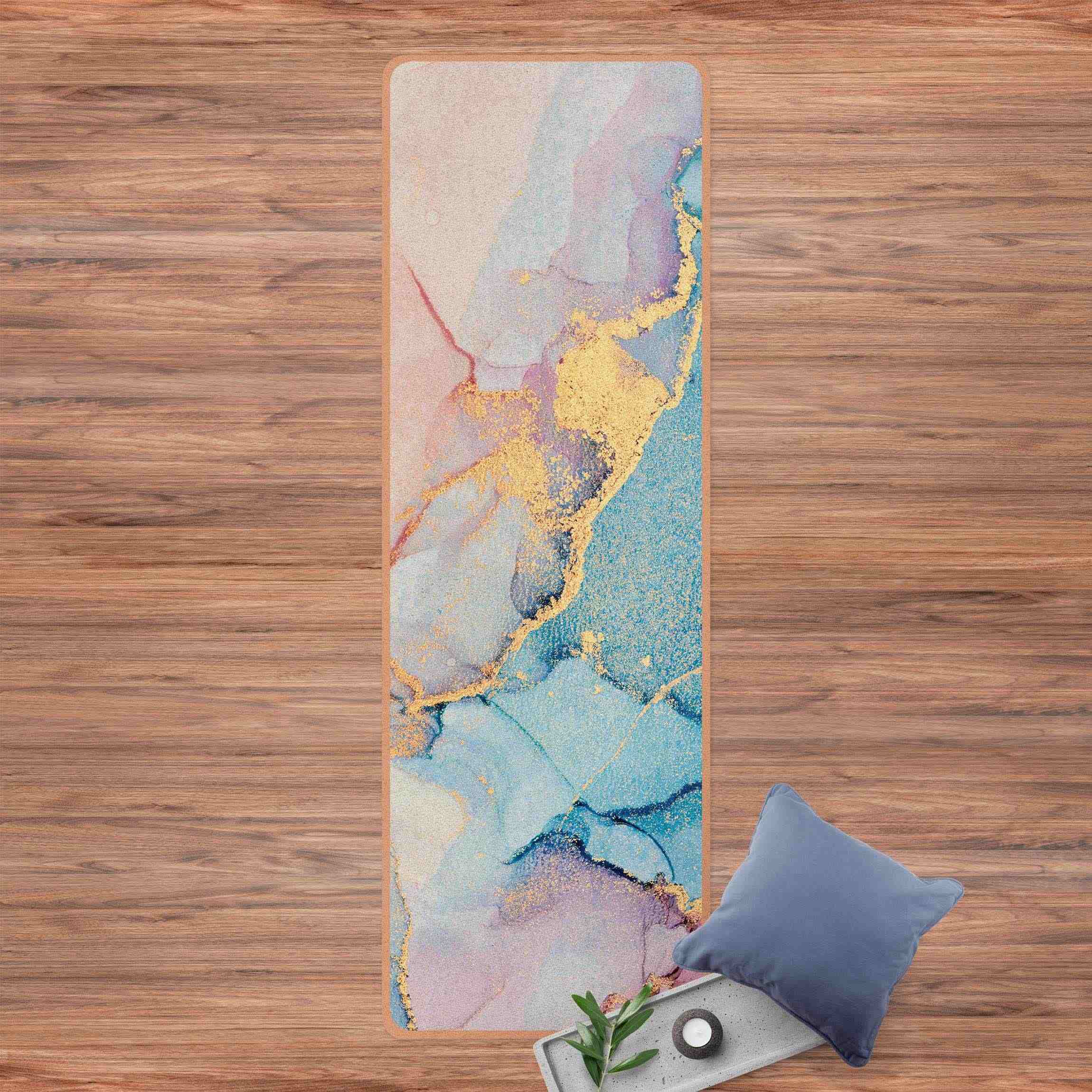 Yogamatte Kork Aquarell Pastell Bunt mit Gold