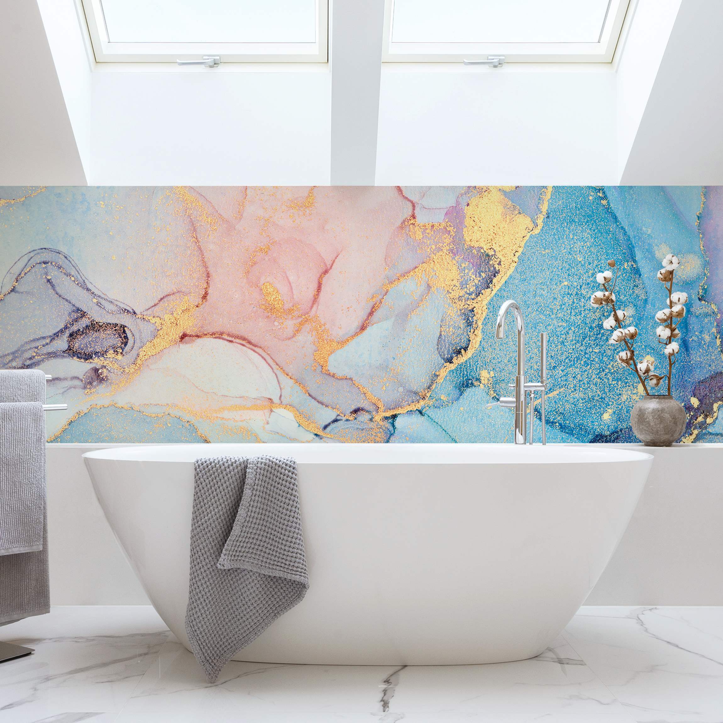 Wandverkleidung Bad Aquarell Pastell Bunt mit Gold