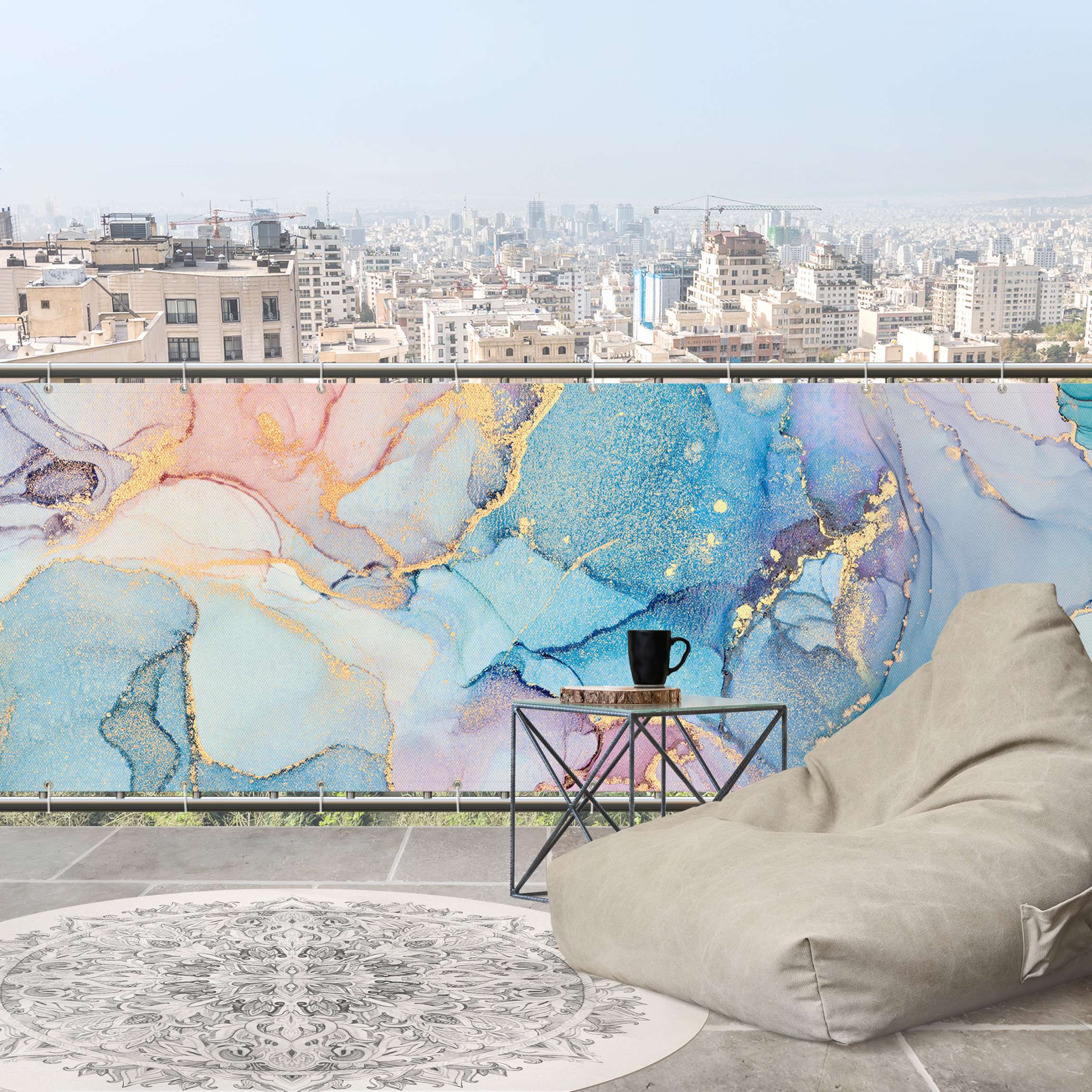 Balkon Sichtschutz Aquarell Pastell Bunt mit Gold