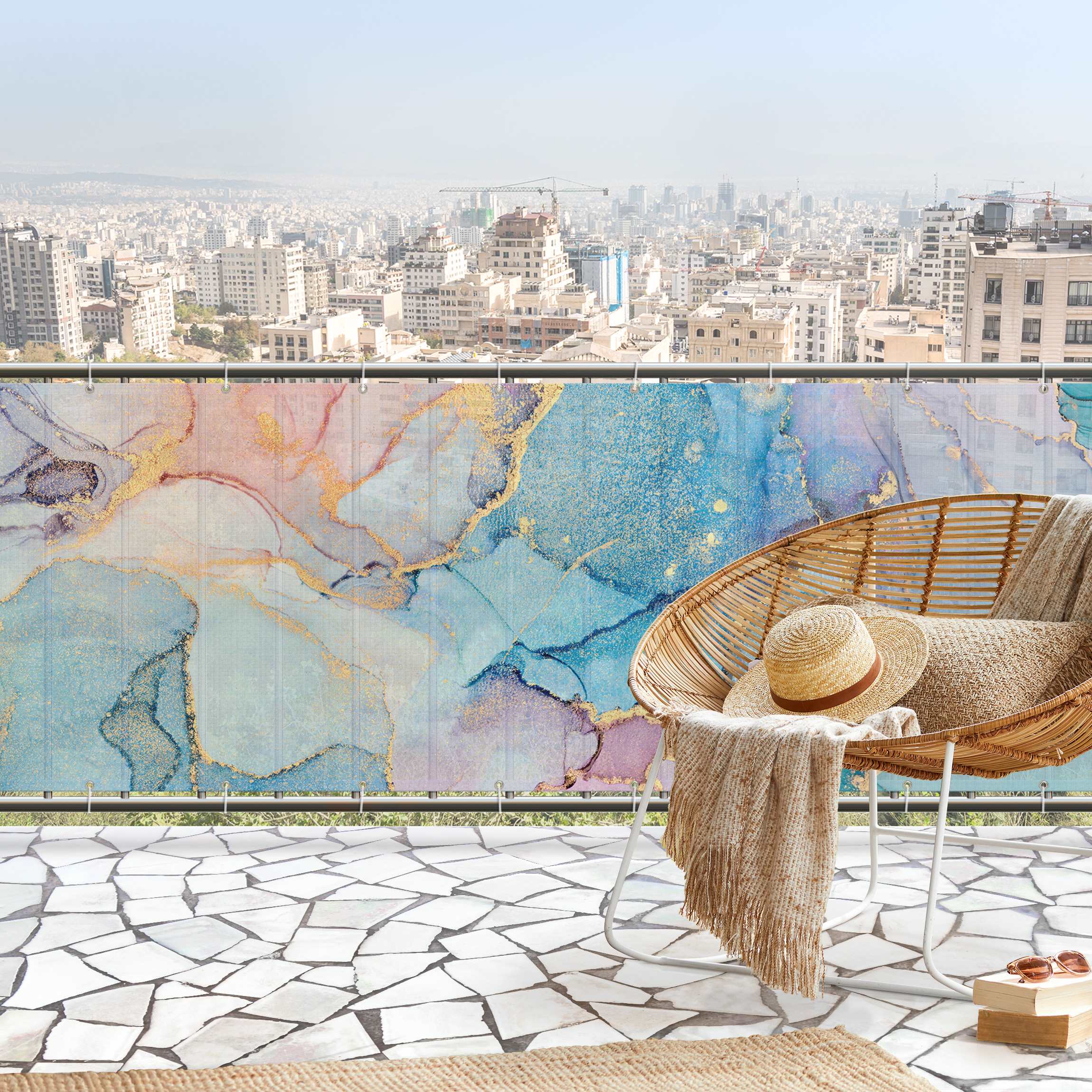 Balkon Sichtschutz Aquarell Pastell Bunt mit Gold