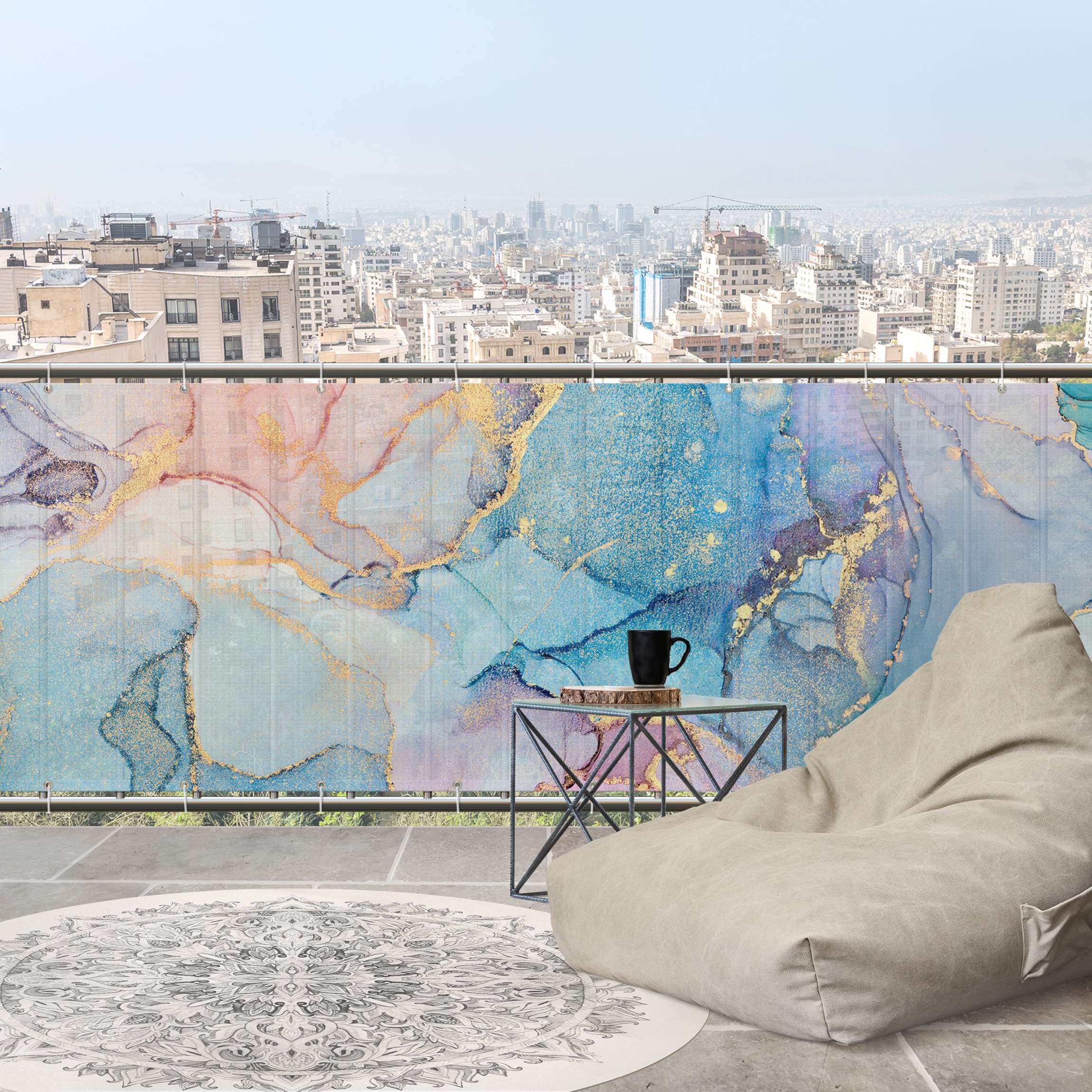 Balkon Sichtschutz Aquarell Pastell Bunt mit Gold