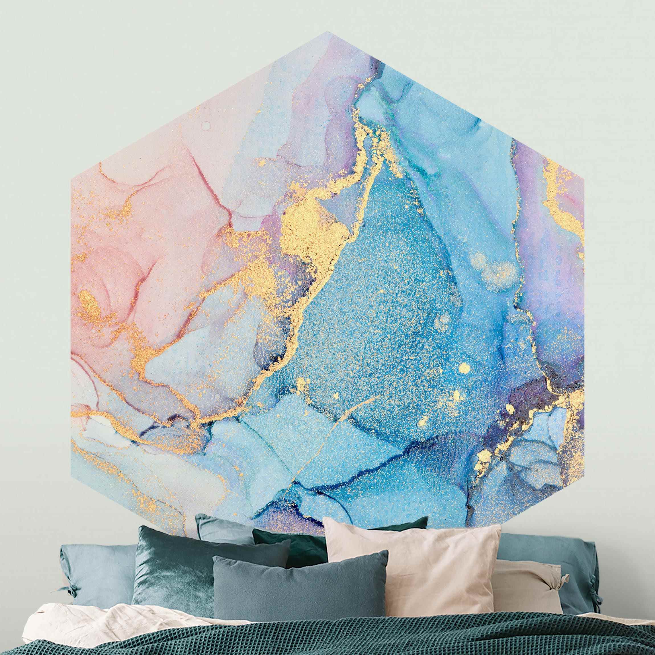 Hexagon Tapete selbstklebend Aquarell Pastell Bunt mit Gold