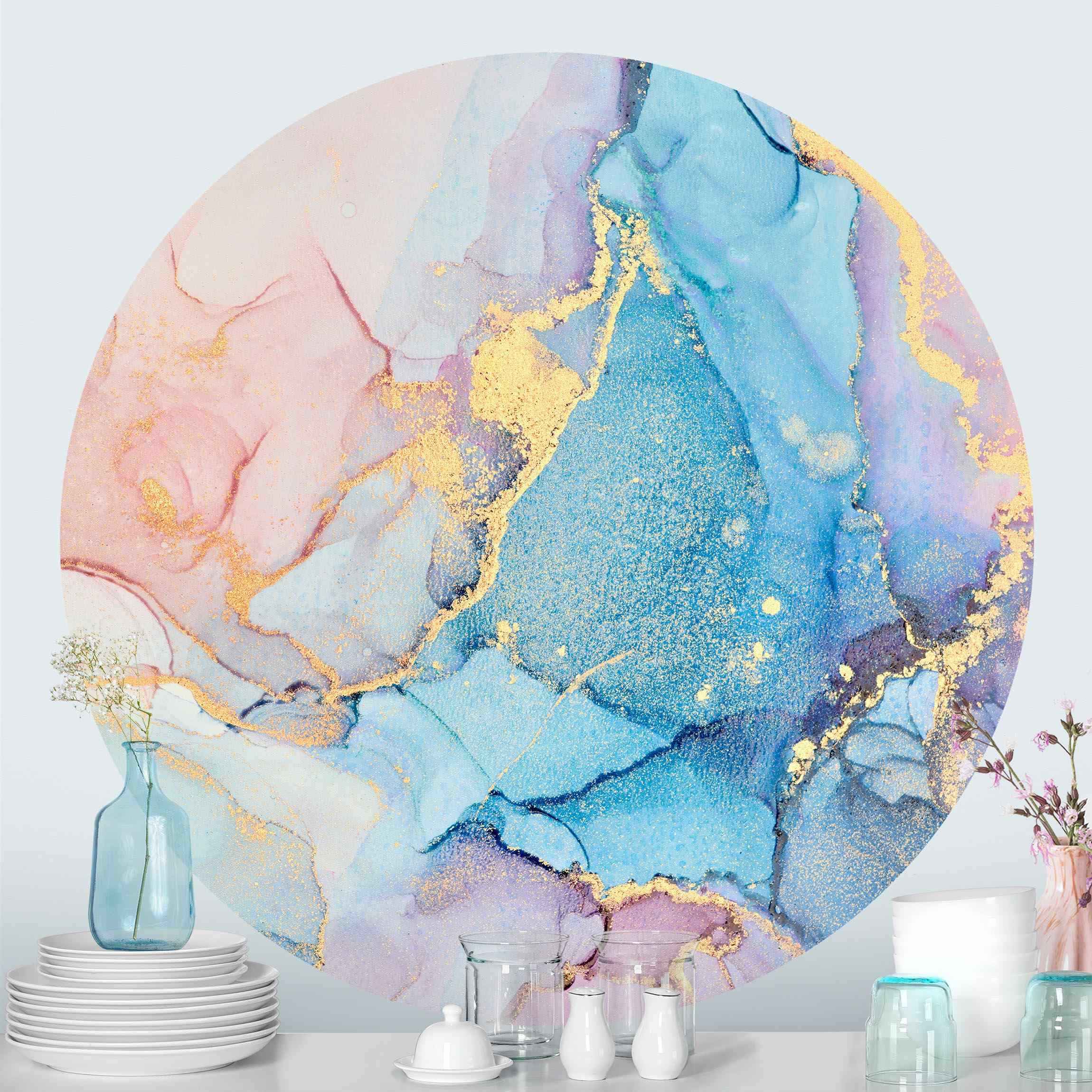 Runde Tapete selbstklebend Aquarell Pastell Bunt mit Gold
