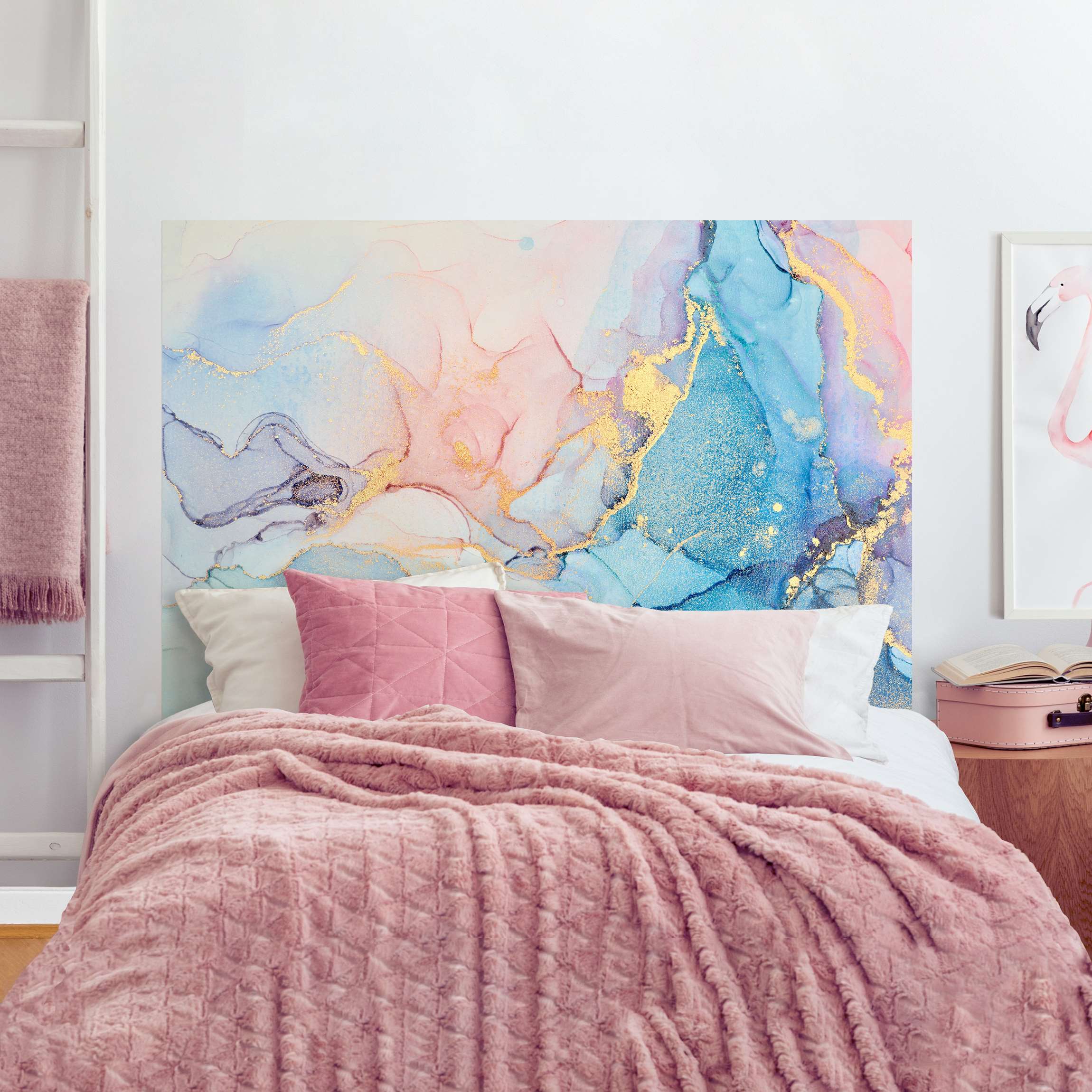 Kopfteil Bett Aquarell Pastell Bunt mit Gold