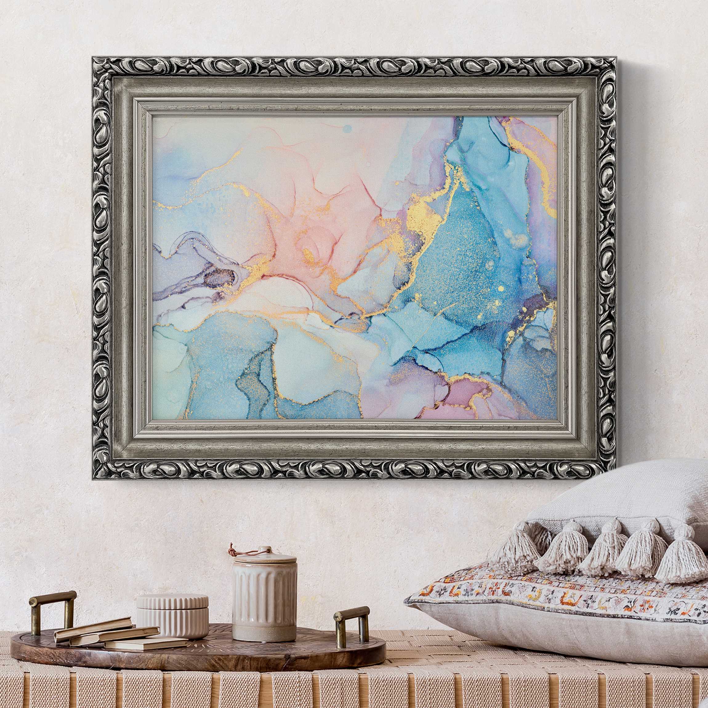 Leinwandbild mit Barockrahmen Aquarell Pastell Bunt mit Gold