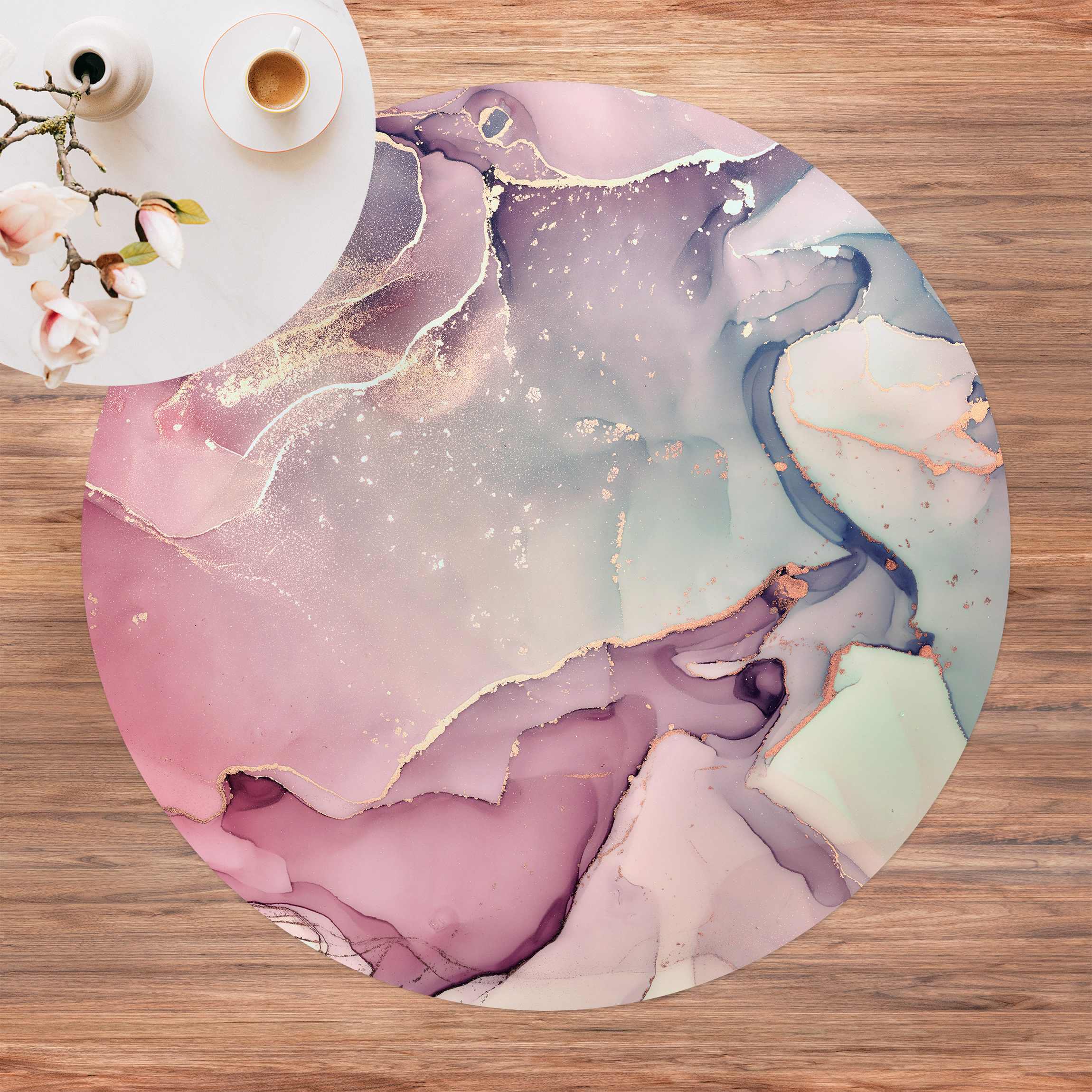 Runder Vinyl-Teppich Aquarell Pastell Rosa mit Gold