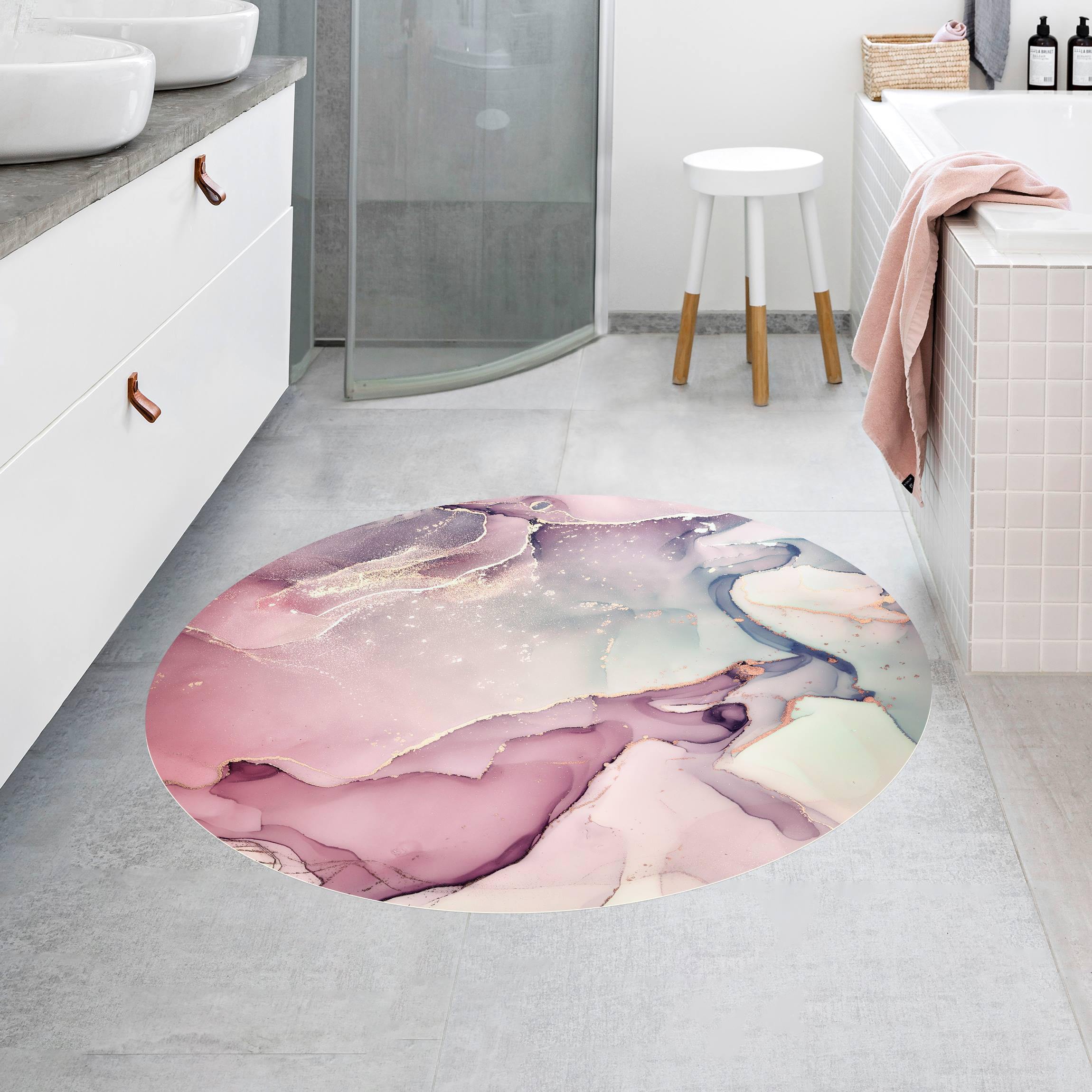 Runder Vinyl-Teppich Aquarell Pastell Rosa mit Gold