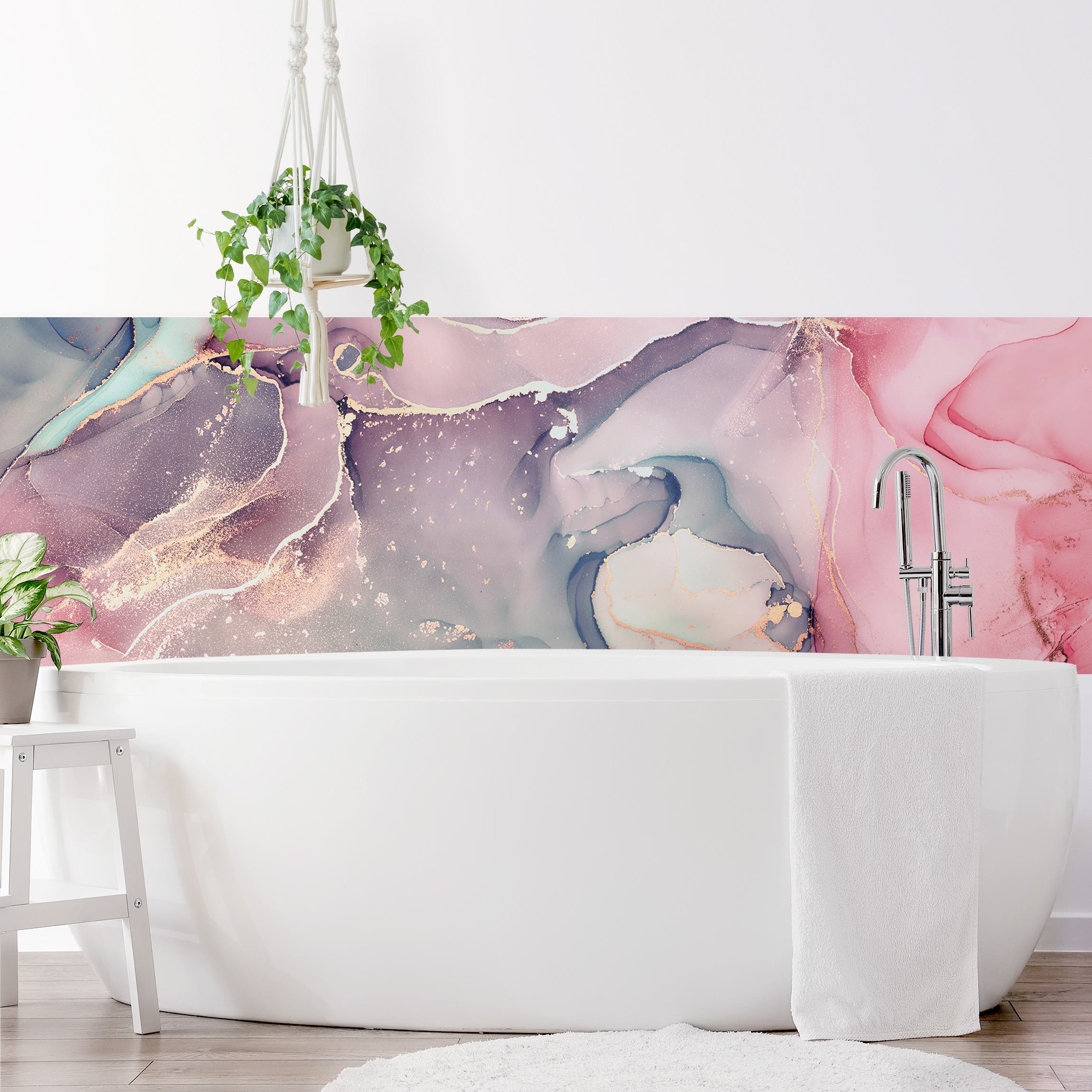 Wandverkleidung Bad Aquarell Pastell Rosa mit Gold