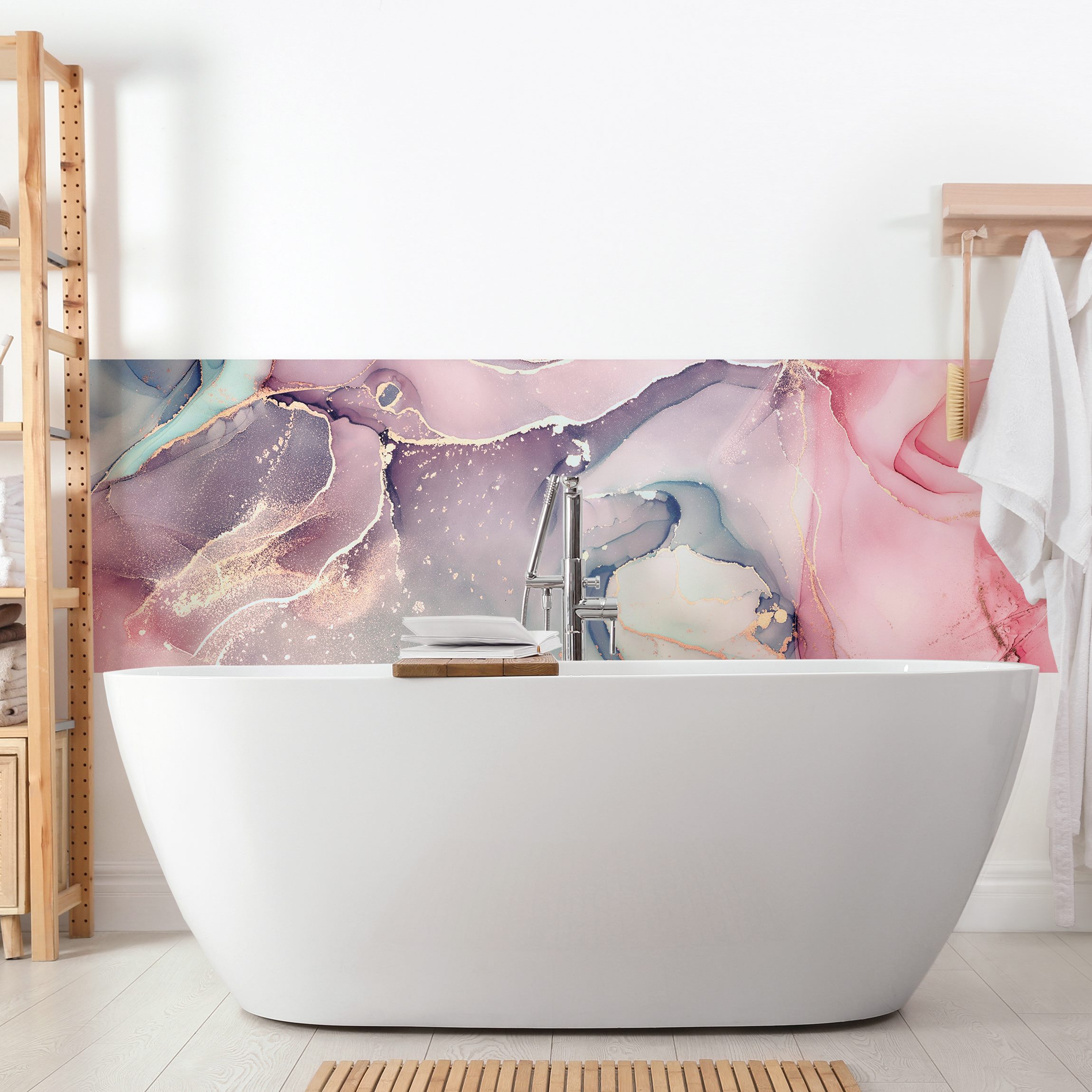 Wandverkleidung Bad Aquarell Pastell Rosa mit Gold