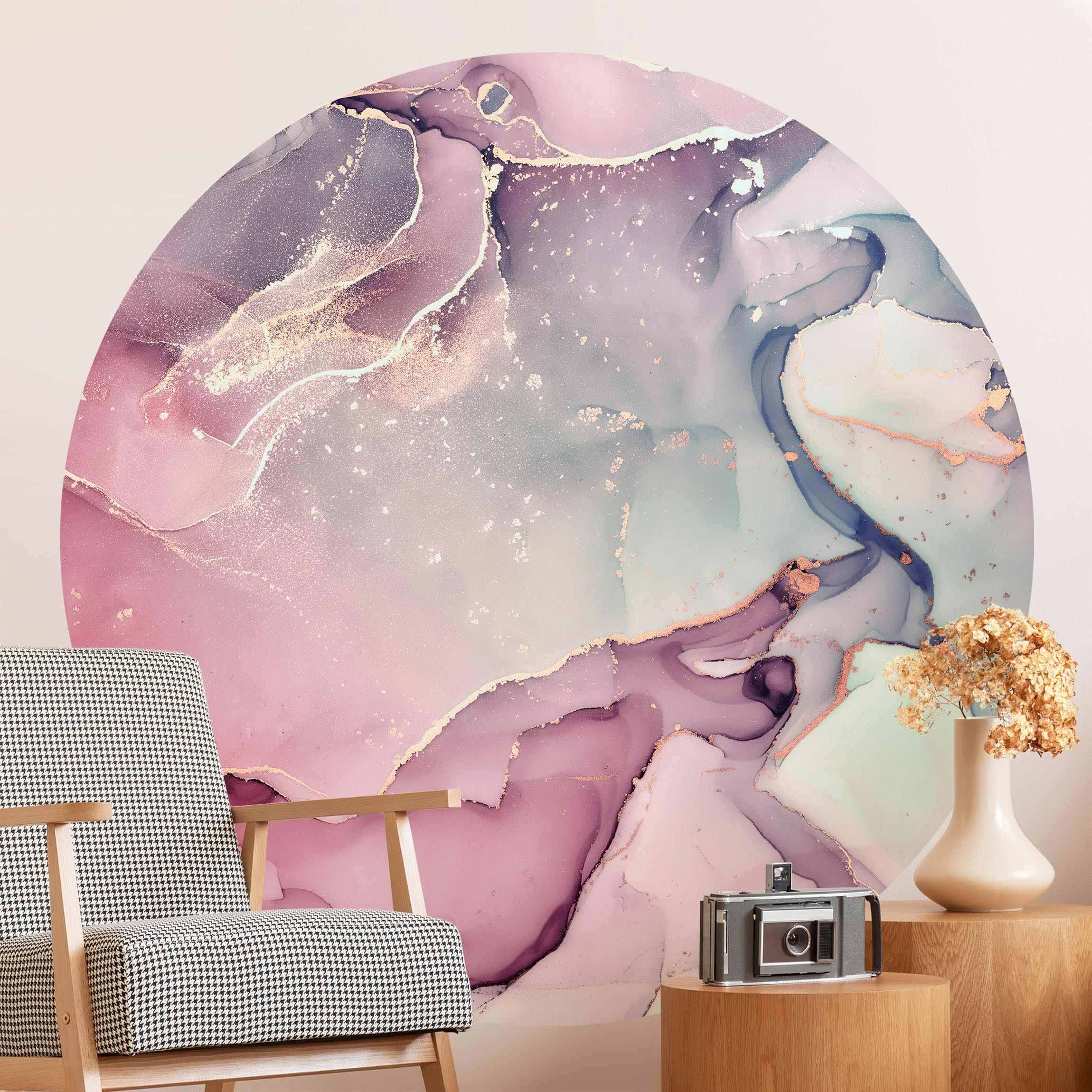 Runde Tapete selbstklebend Aquarell Pastell Rosa mit Gold