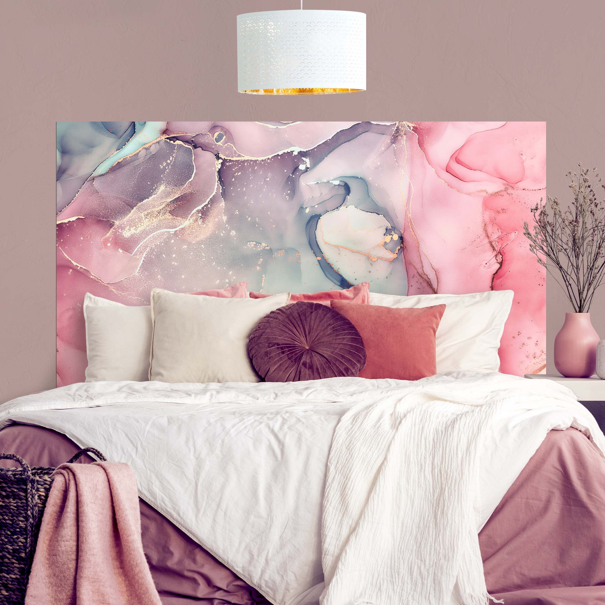 Kopfteil Bett Aquarell Pastell Rosa mit Gold