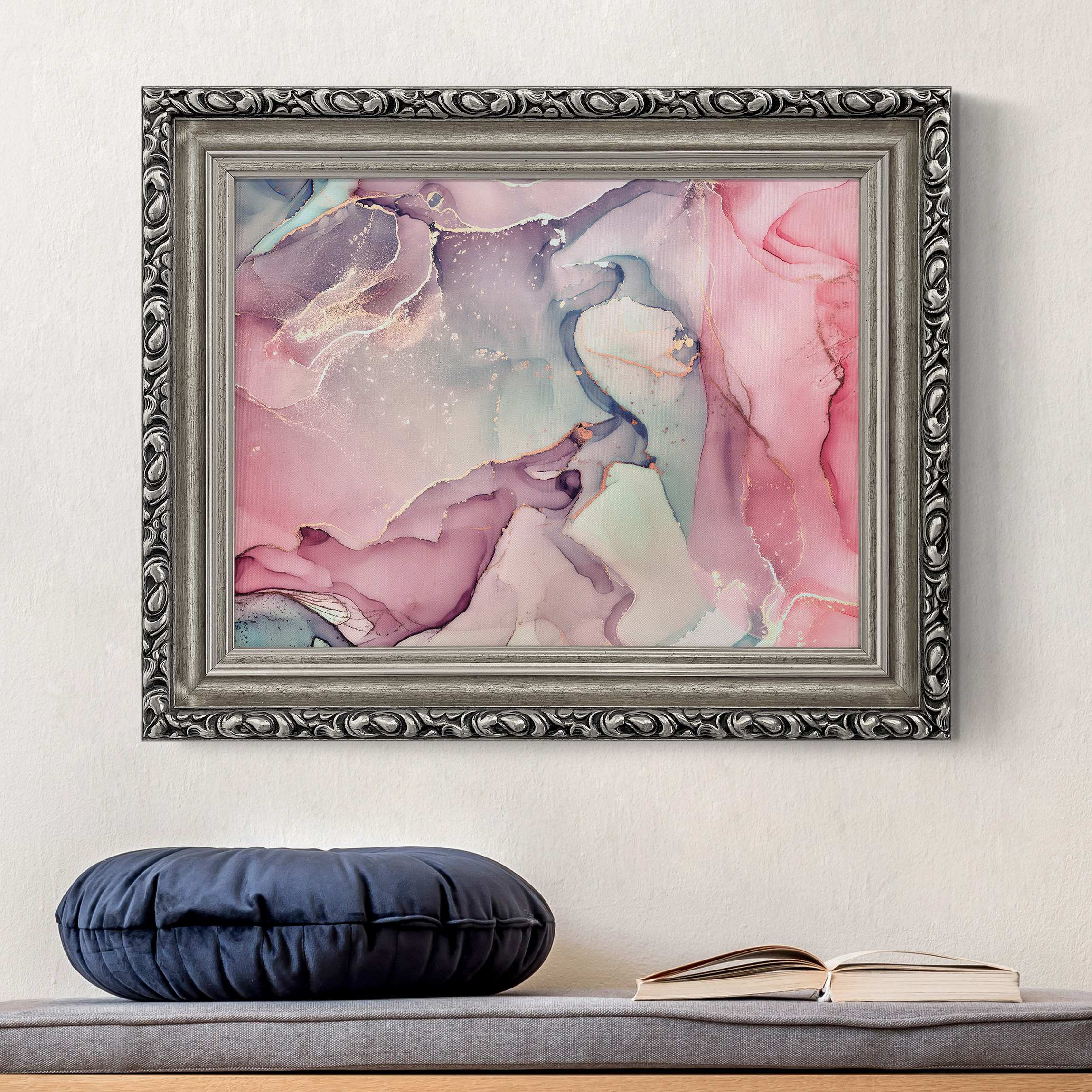 Leinwandbild mit Barockrahmen Aquarell Pastell Rosa mit Gold