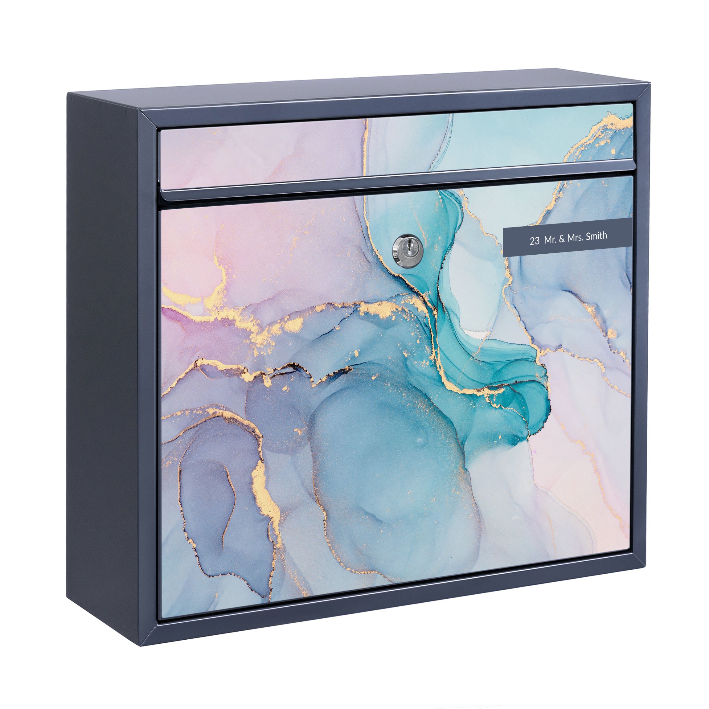 Briefkasten mit eigenem Text Aquarell Pastell Türkis mit Gold