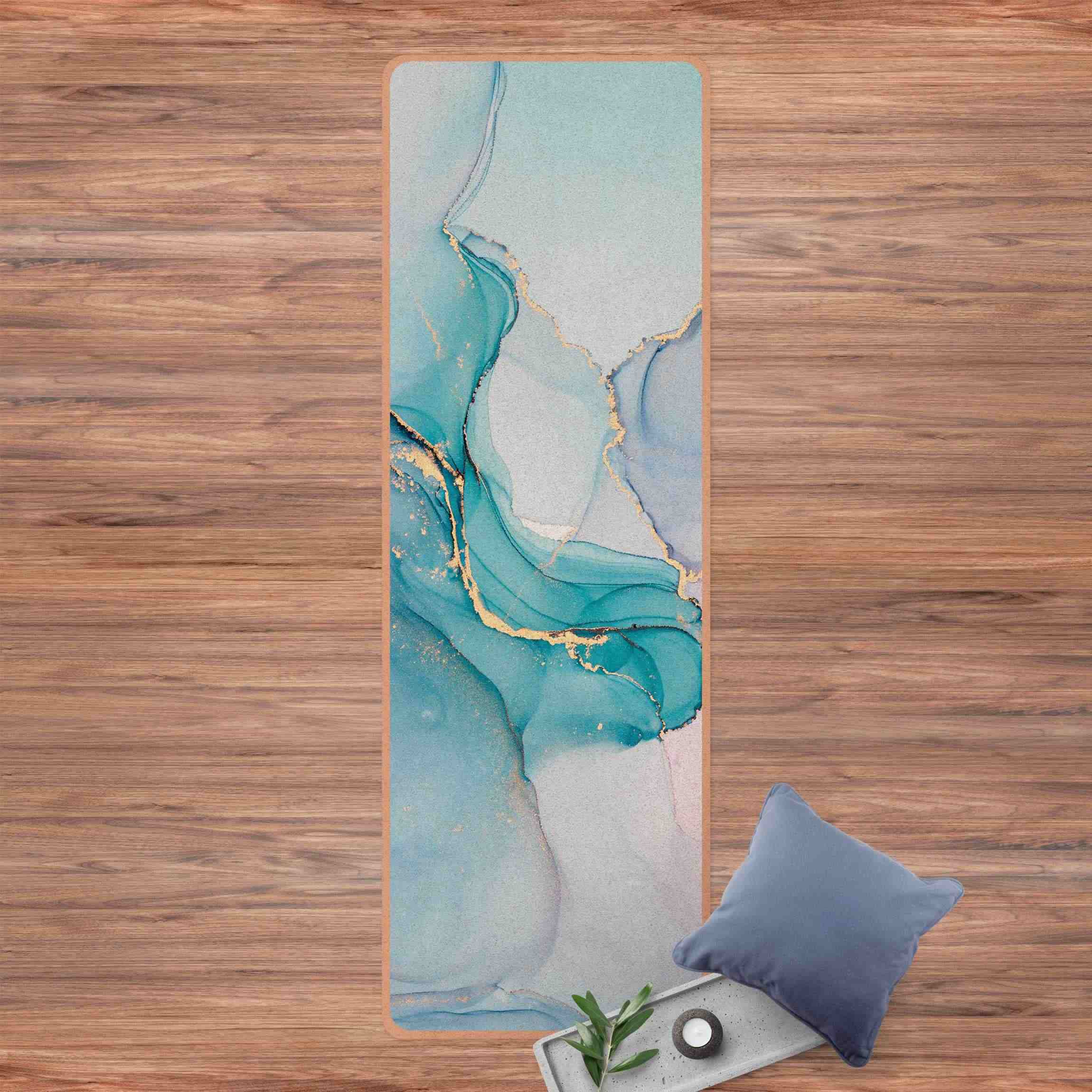 Yogamatte Kork Aquarell Pastell Türkis mit Gold