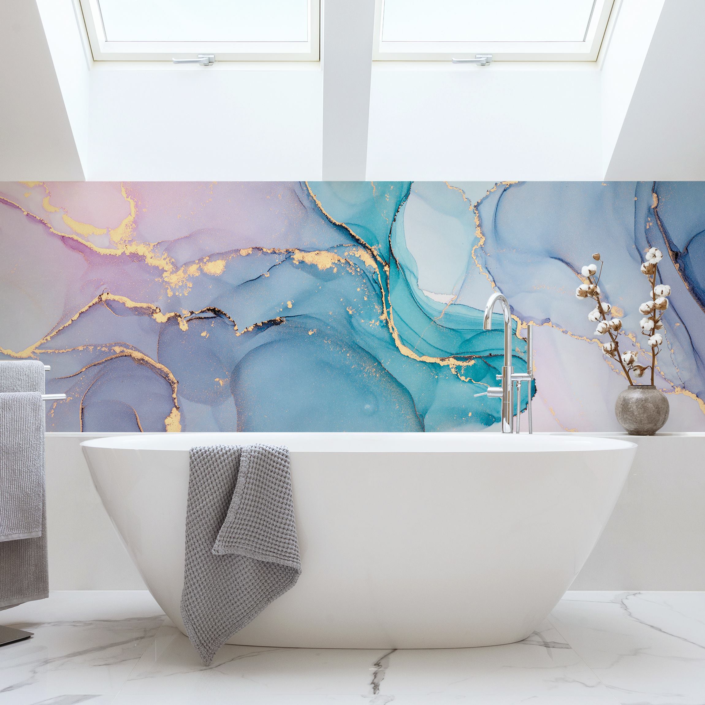 Wandverkleidung Bad Aquarell Pastell Türkis mit Gold