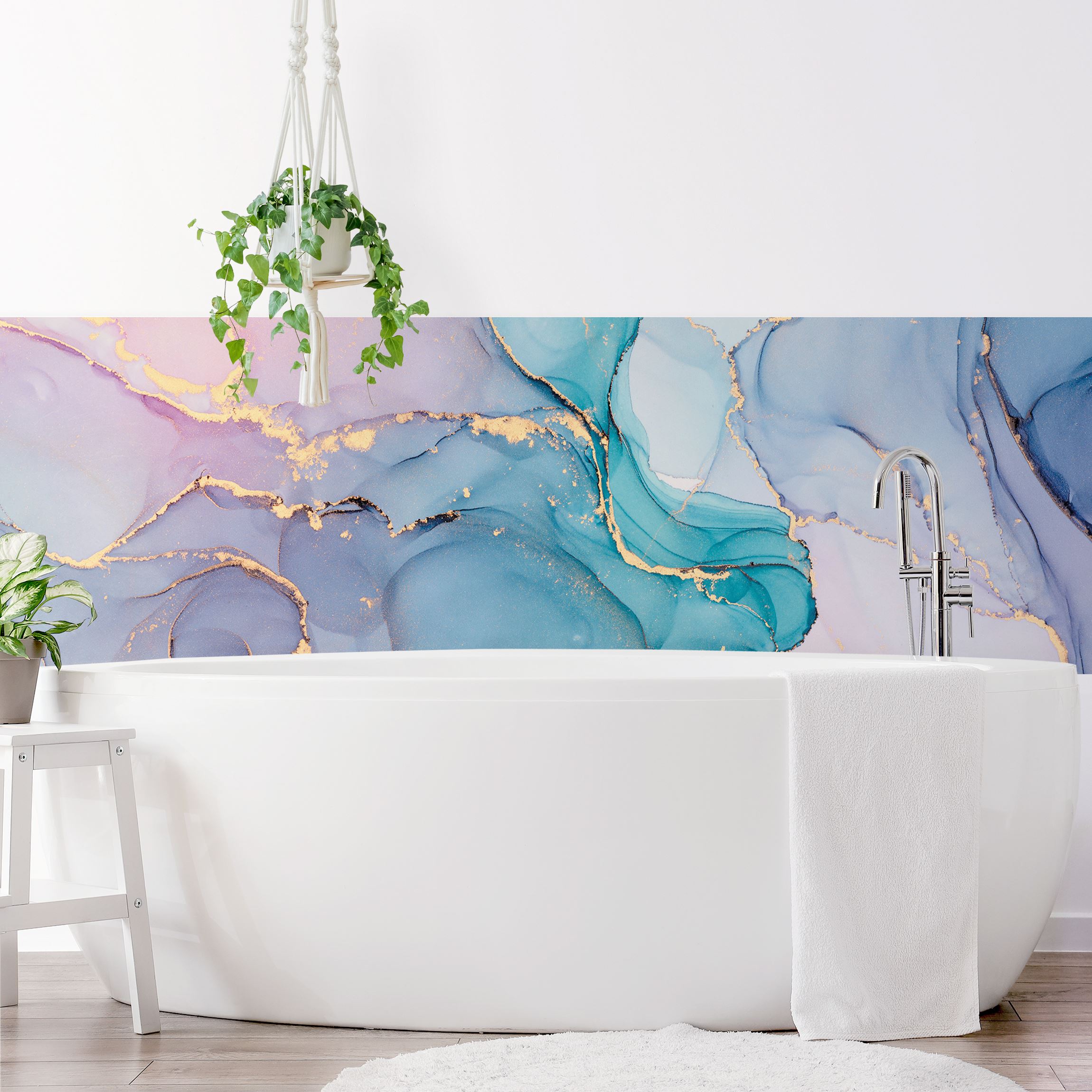 Wandverkleidung Bad Aquarell Pastell Türkis mit Gold
