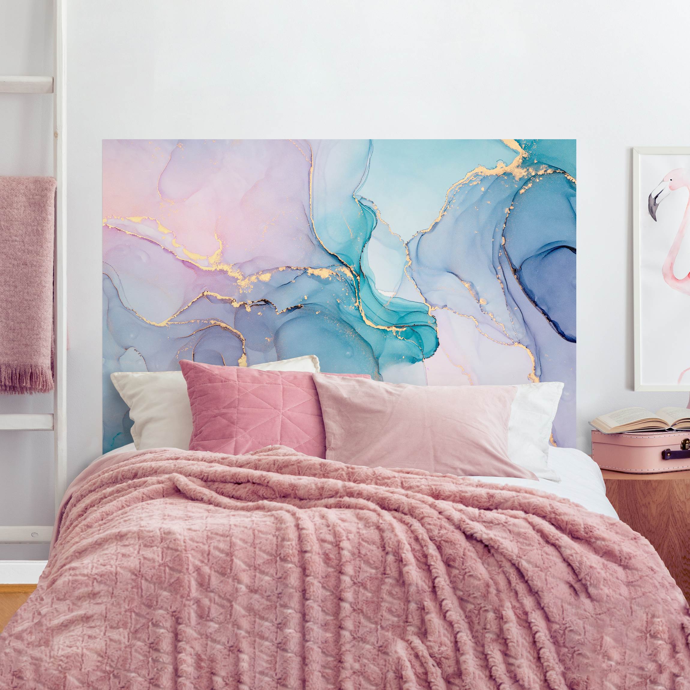 Kopfteil Bett Aquarell Pastell Türkis mit Gold