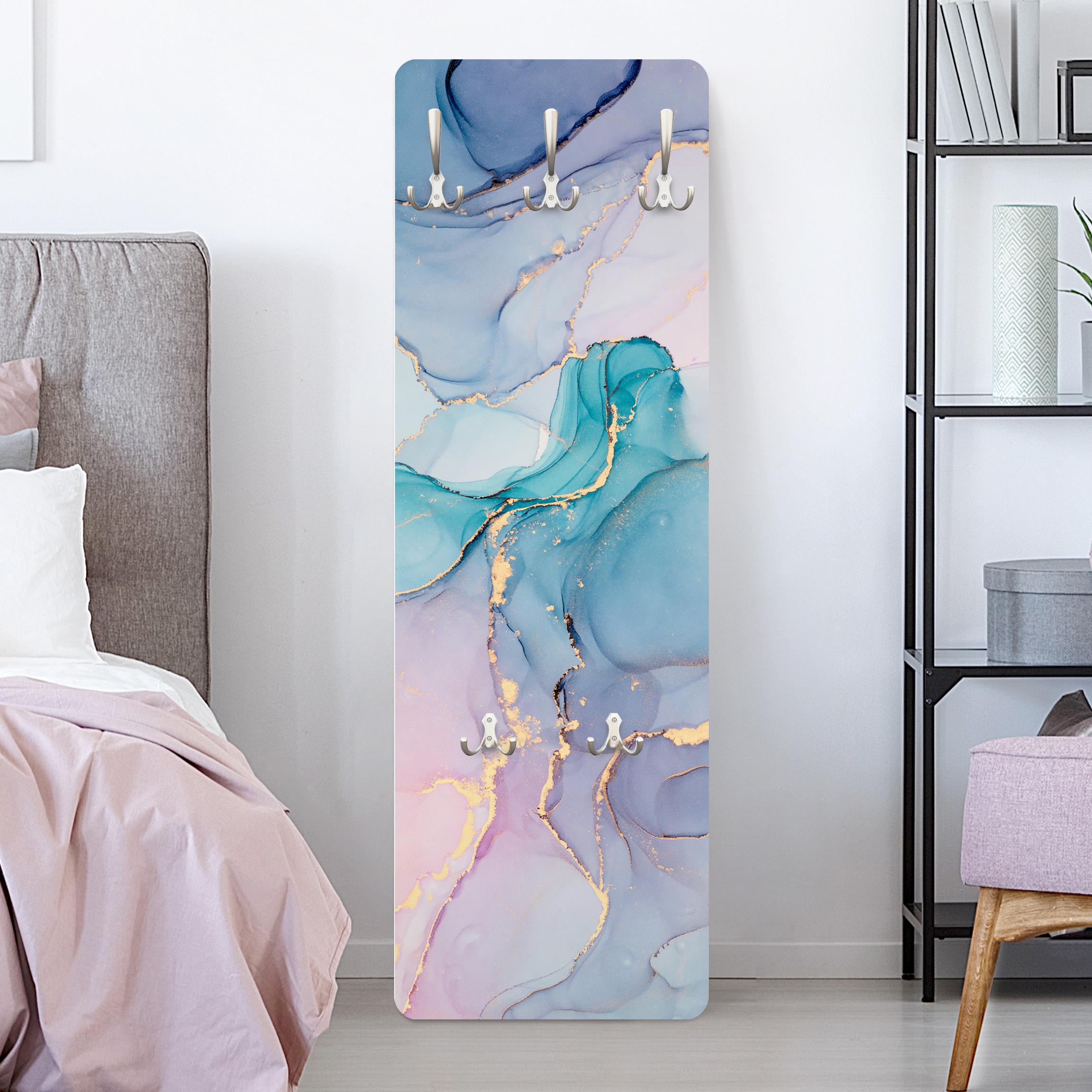 Wandgarderobe Aquarell Pastell Türkis mit Gold