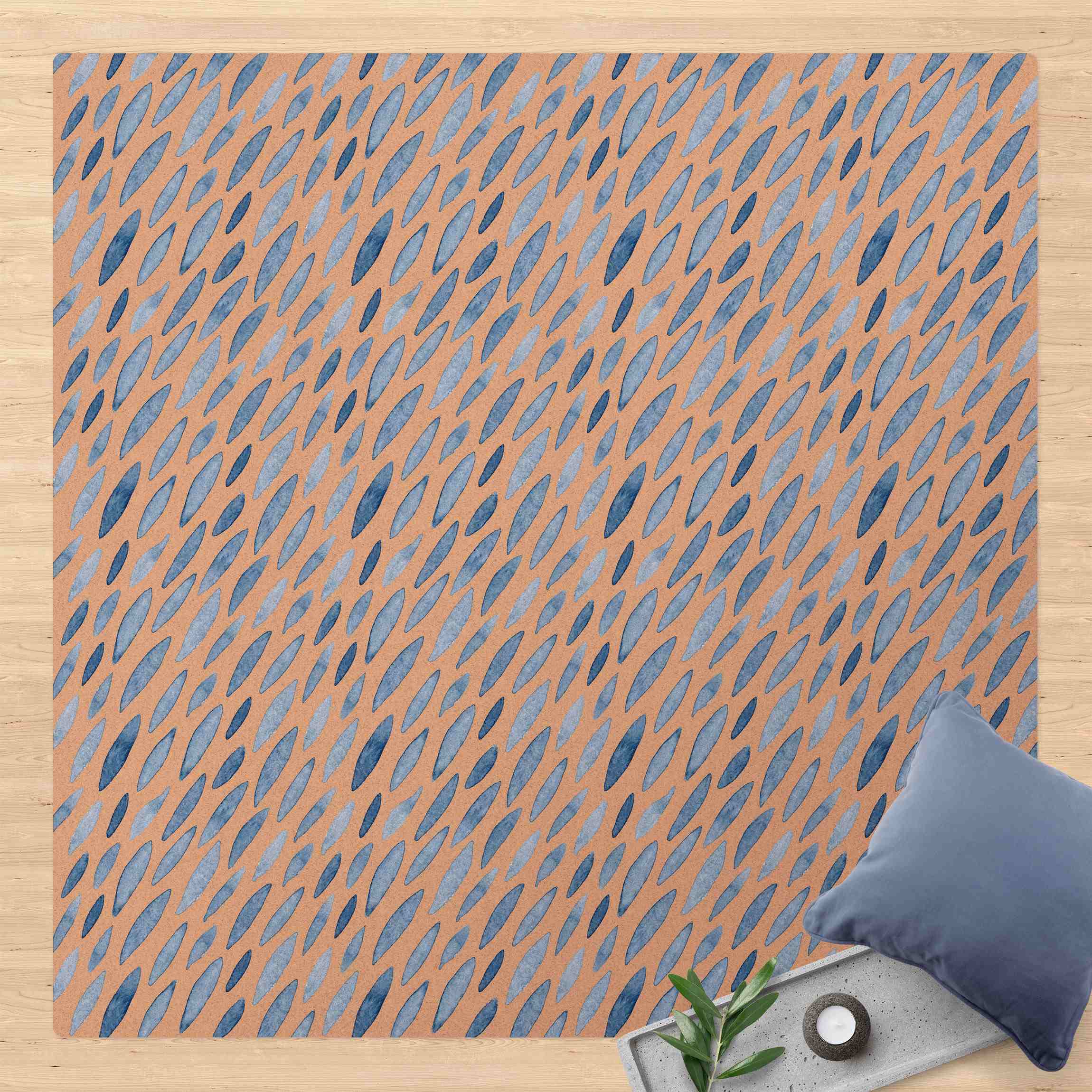 Kork-Teppich Aquarell Regen in Indigo klein und groß