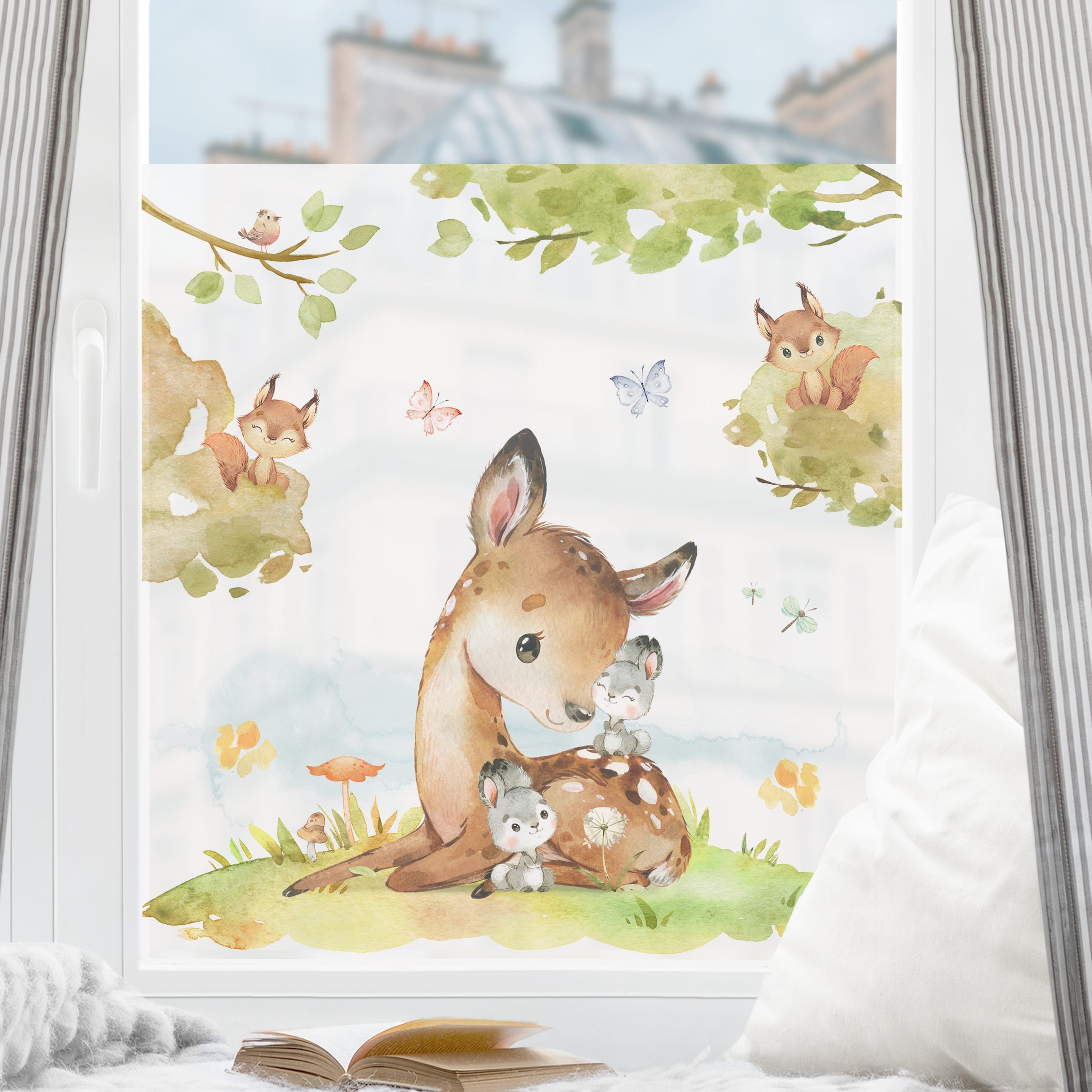 Fensterfolie Aquarell Reh Hasen und Eichhörnchen