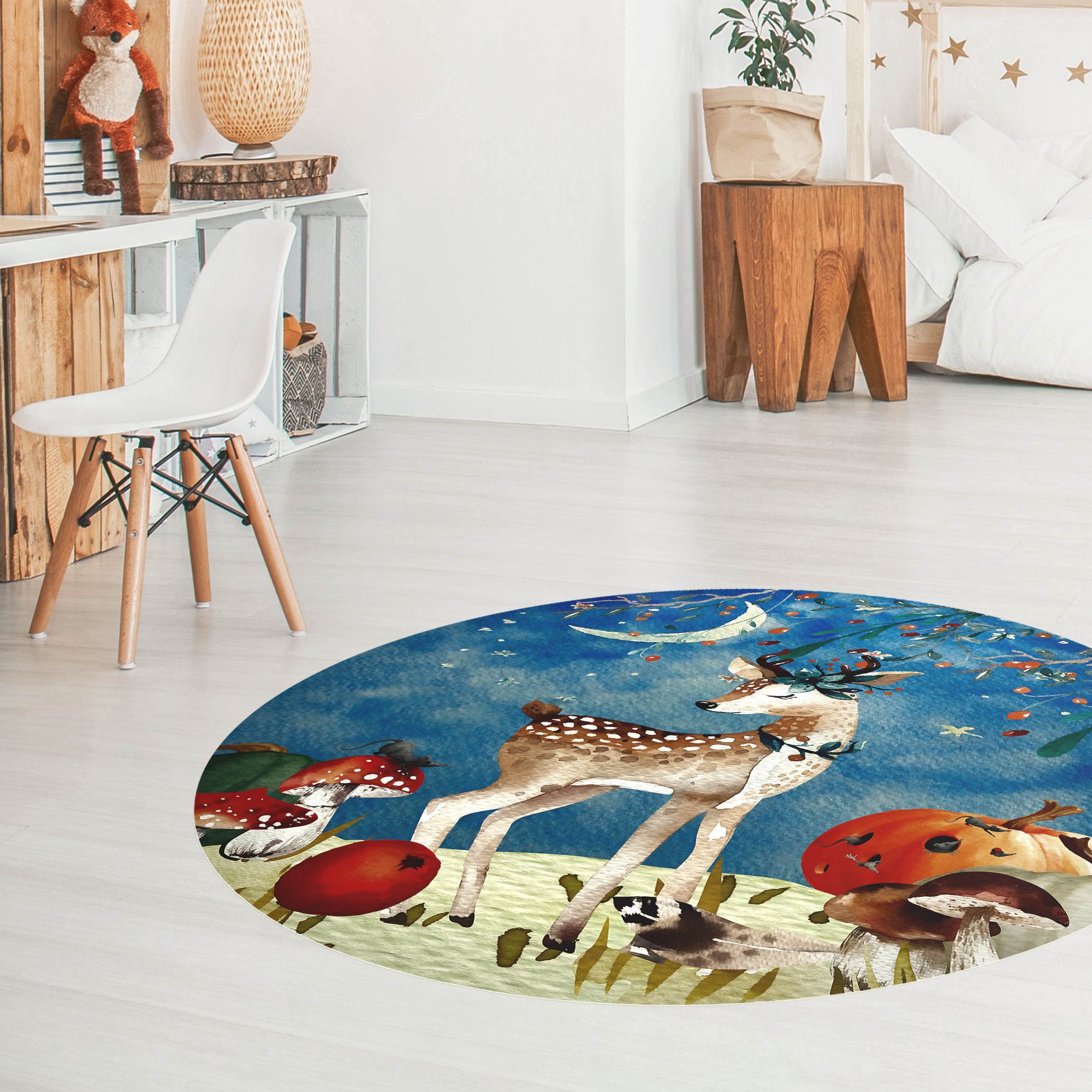 Runder Vinyl-Teppich Aquarell Reh im Mondschein