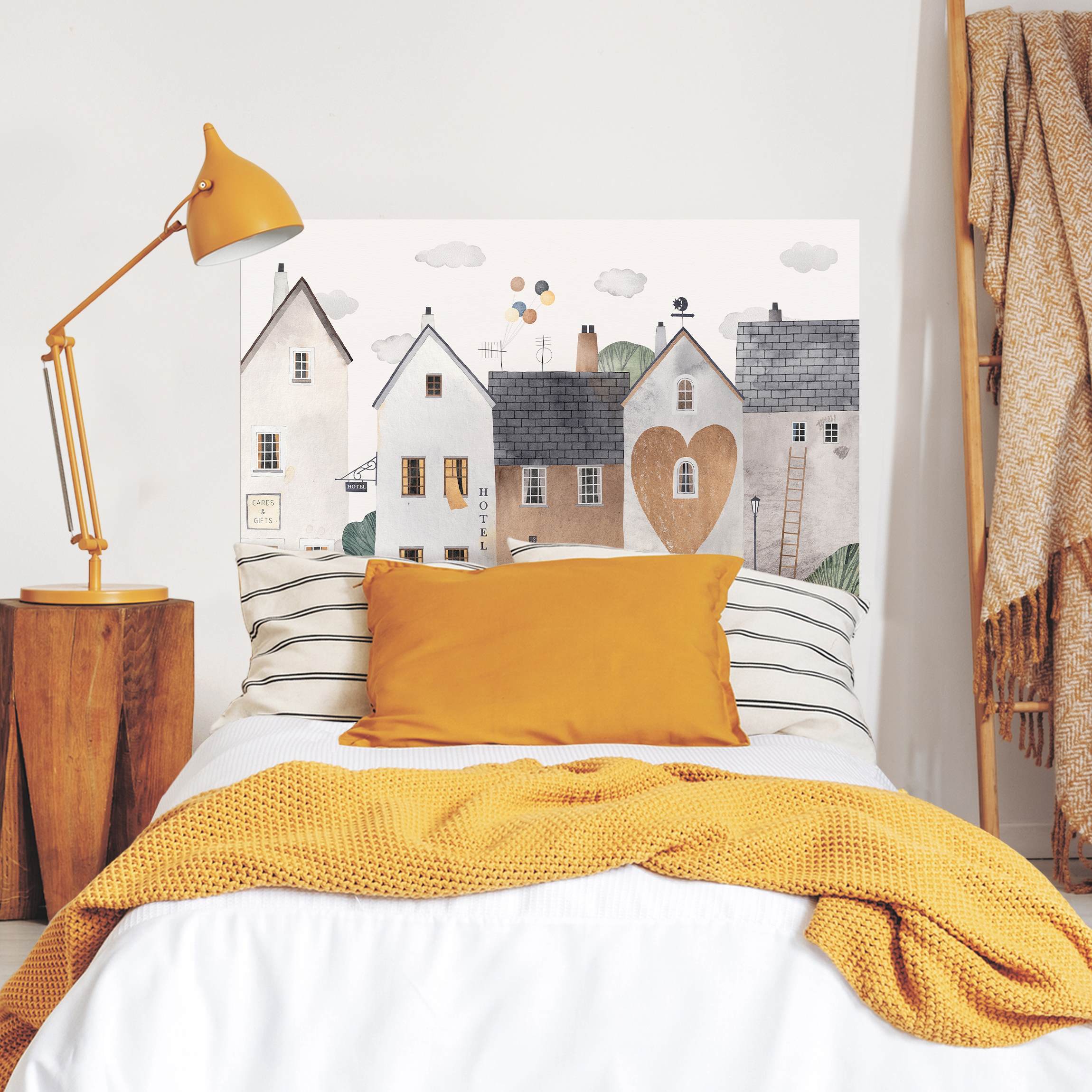 Kopfteil Bett Aquarell Reihenhäuser