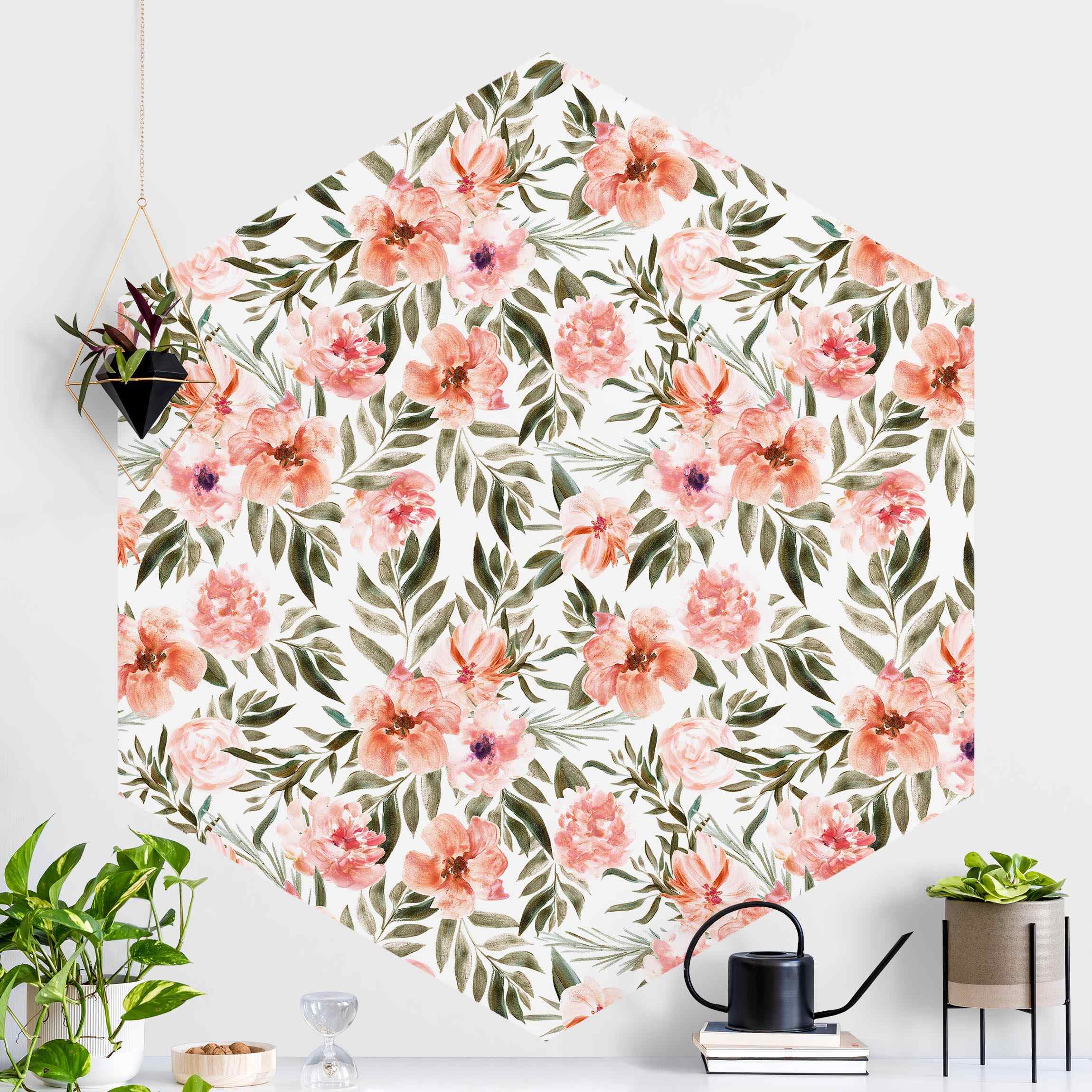 Hexagon Mustertapete Aquarell Rosa Blüten vor Weiß