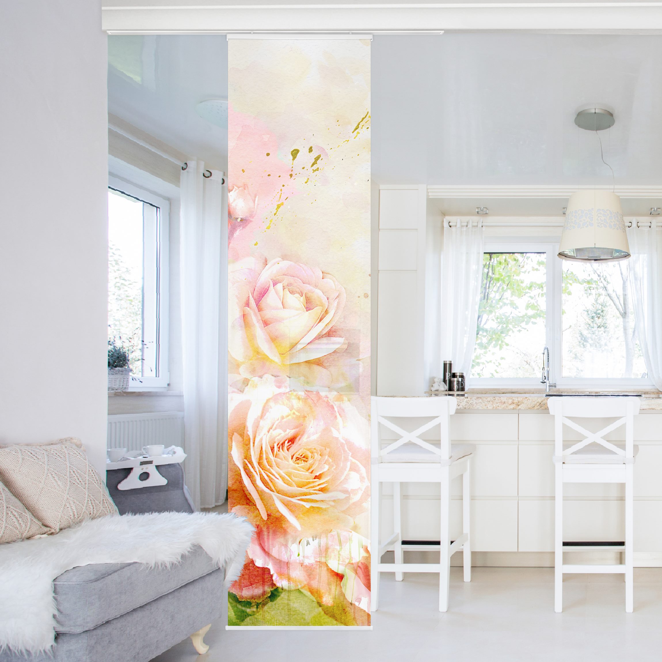 Schiebegardine Aquarell Rosen Komposition