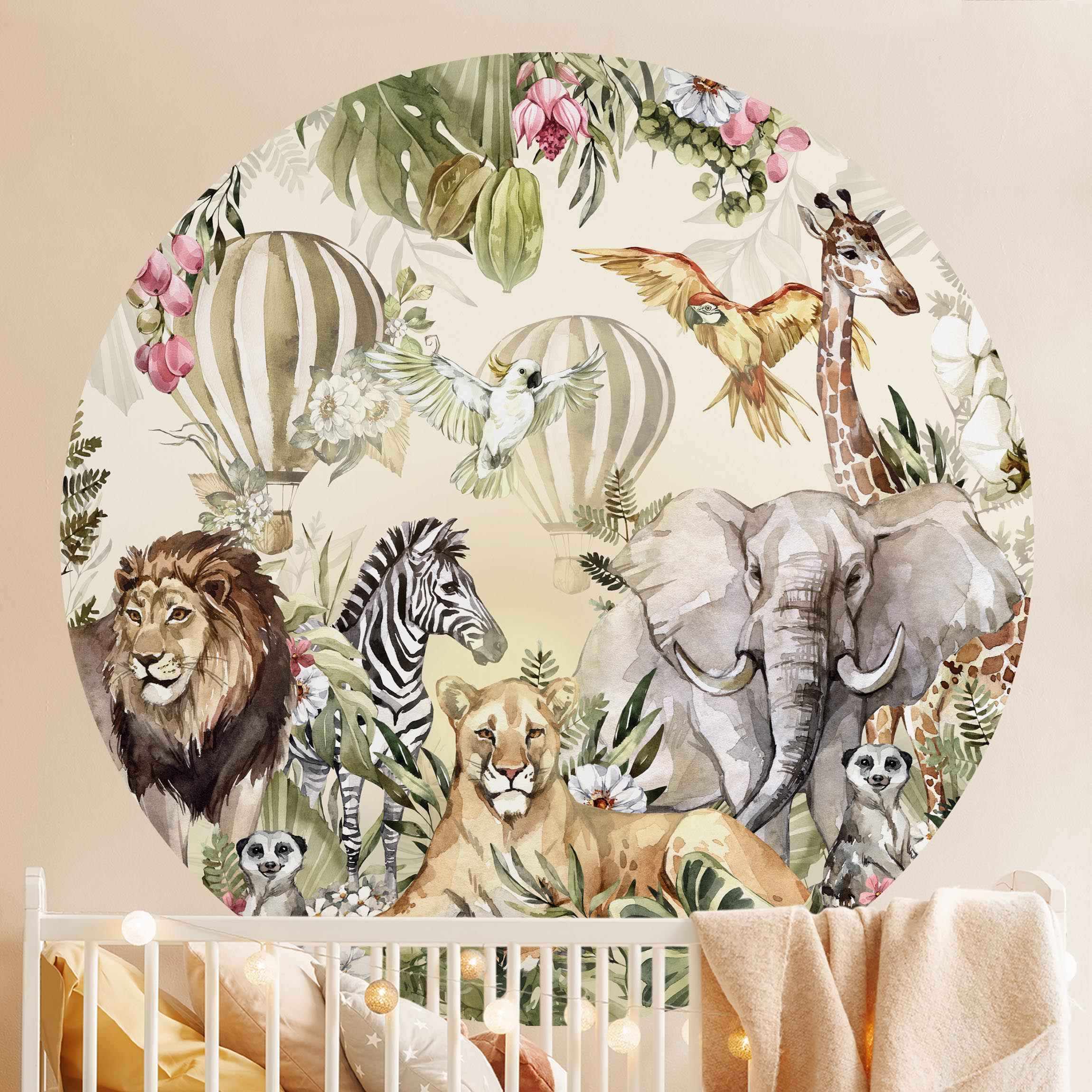 Runde Fototapete Aquarell Savannen Tiere