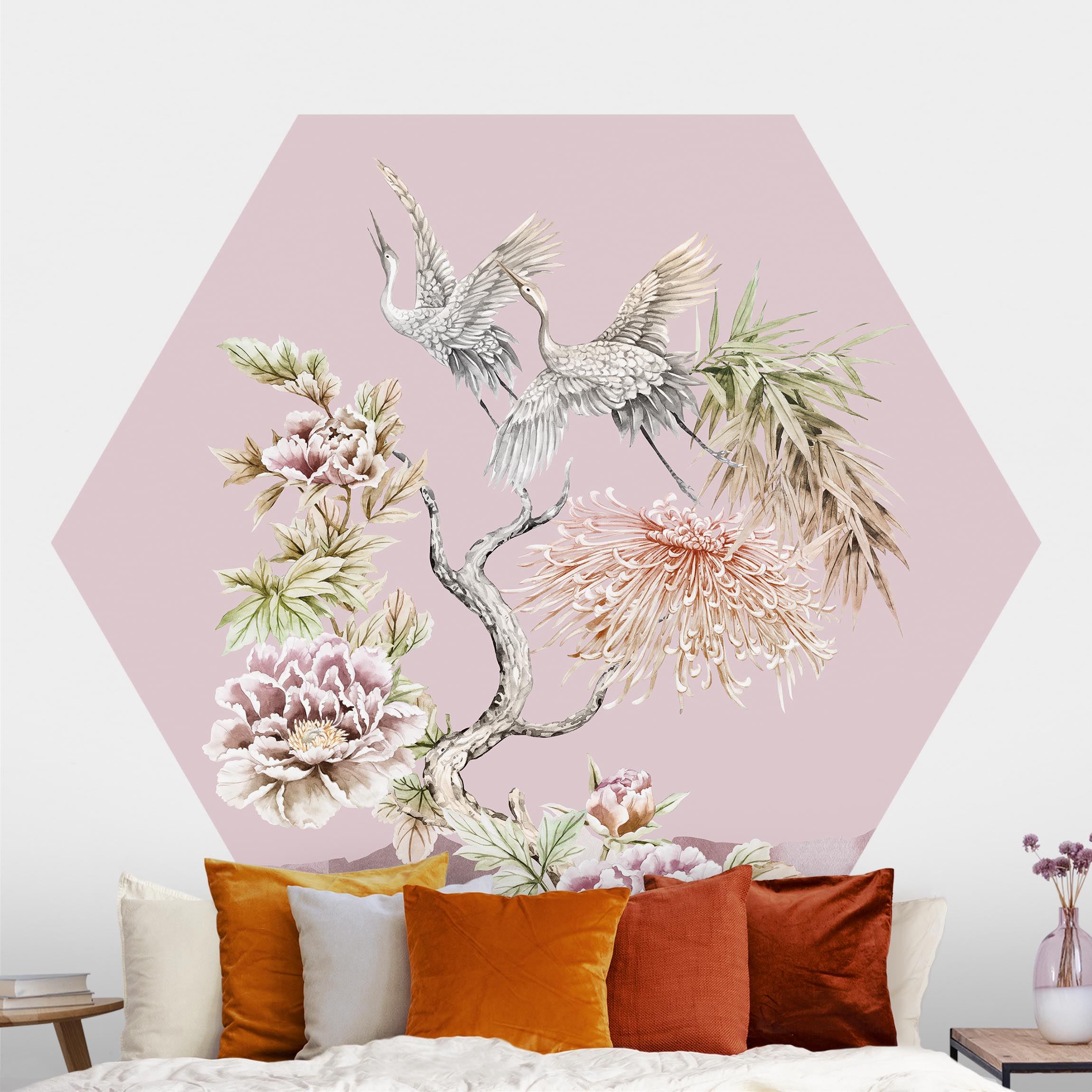 Hexagon Fototapete Aquarell Störche im Flug mit Blumen auf Rosa