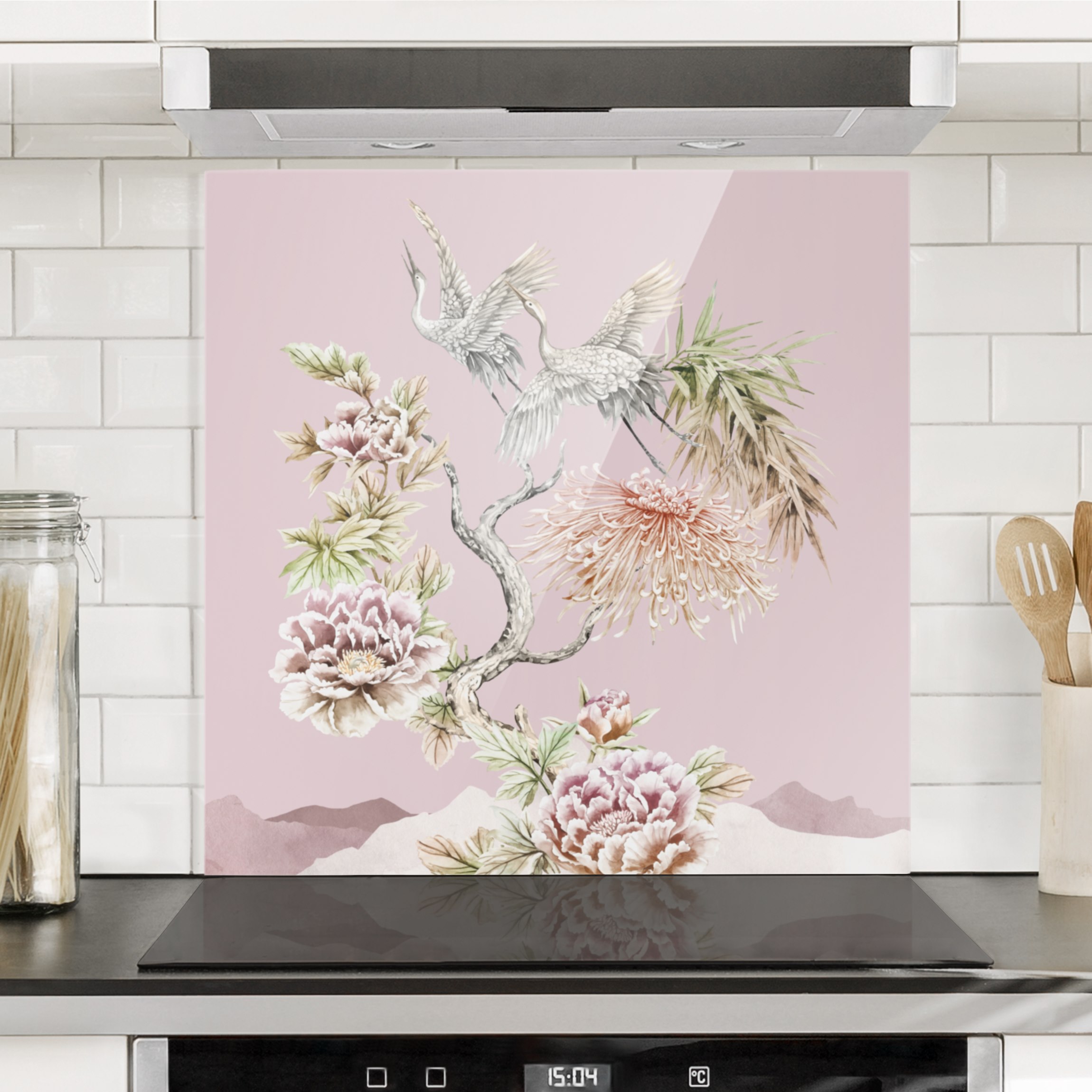 Spritzschutz Aquarell Störche im Flug mit Blumen auf Rosa