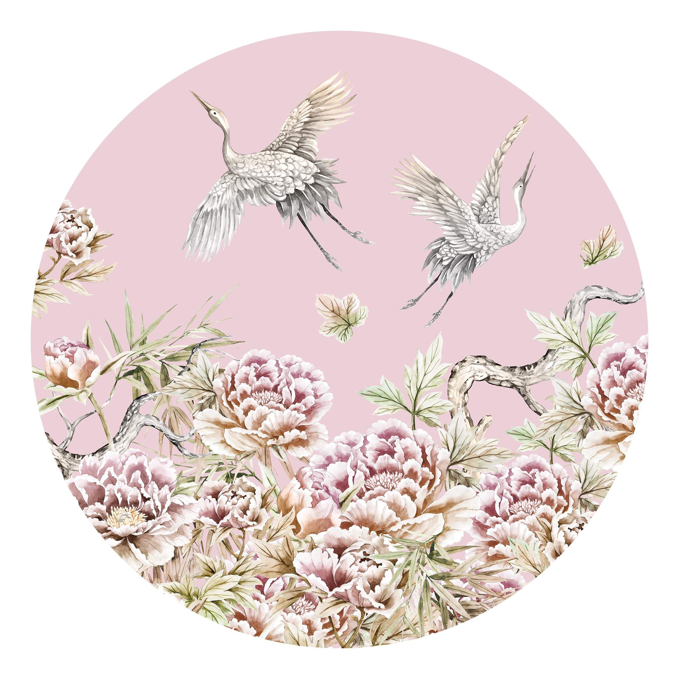 Runde Fototapete selbstklebend Aquarell Störche im Flug mit Rosen auf Rosa