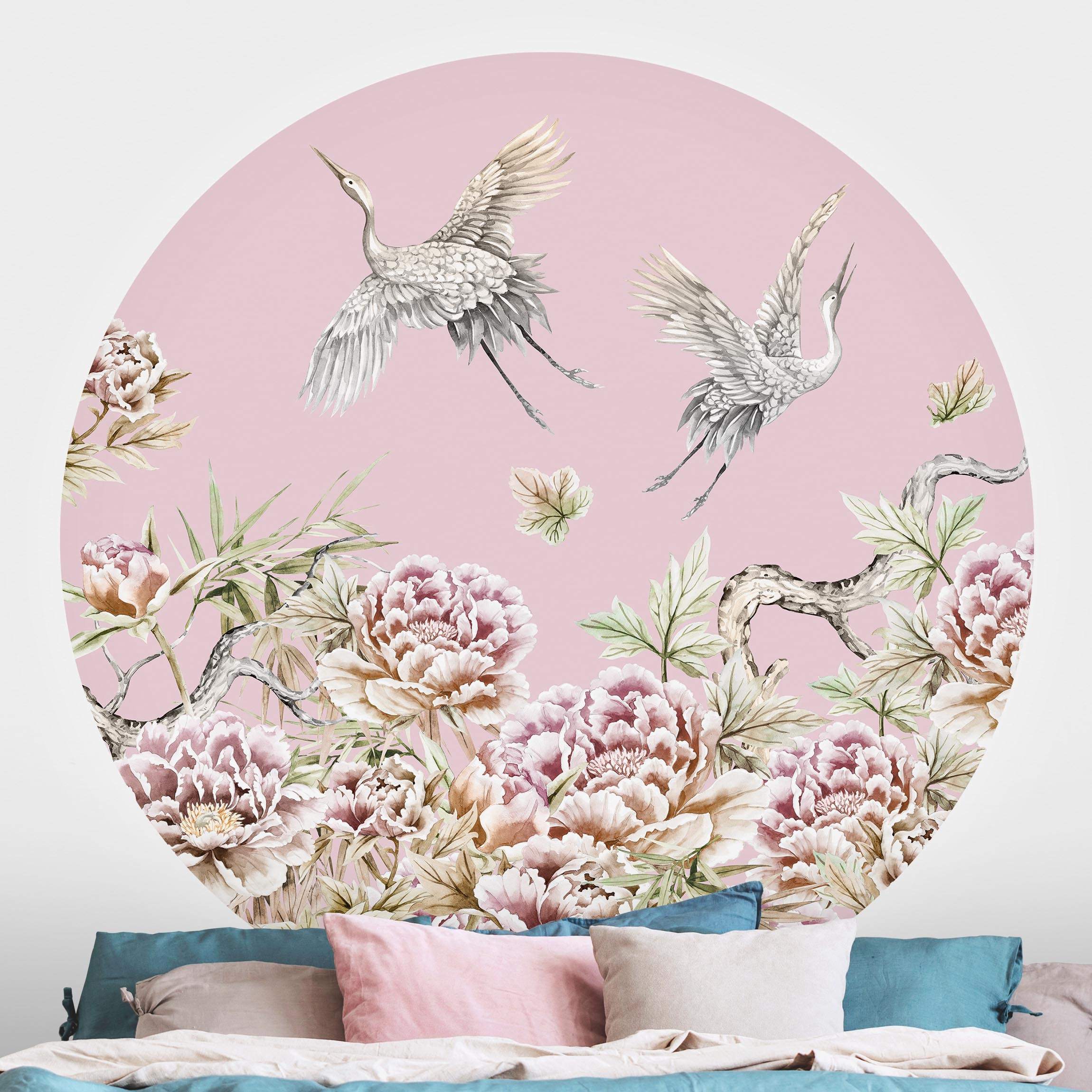 Runde Fototapete Aquarell Störche im Flug mit Rosen auf Rosa