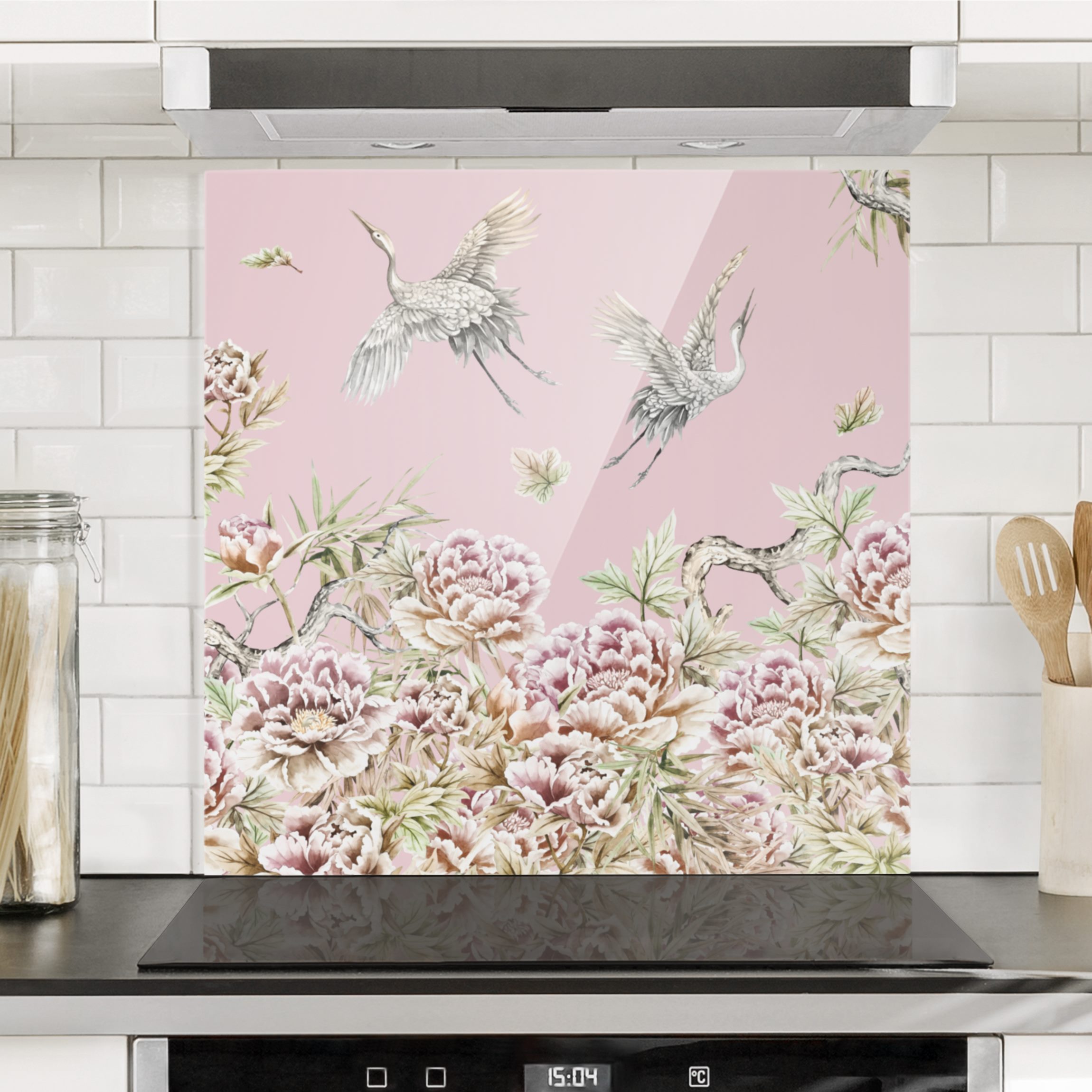 Spritzschutz Aquarell Störche im Flug mit Rosen auf Rosa