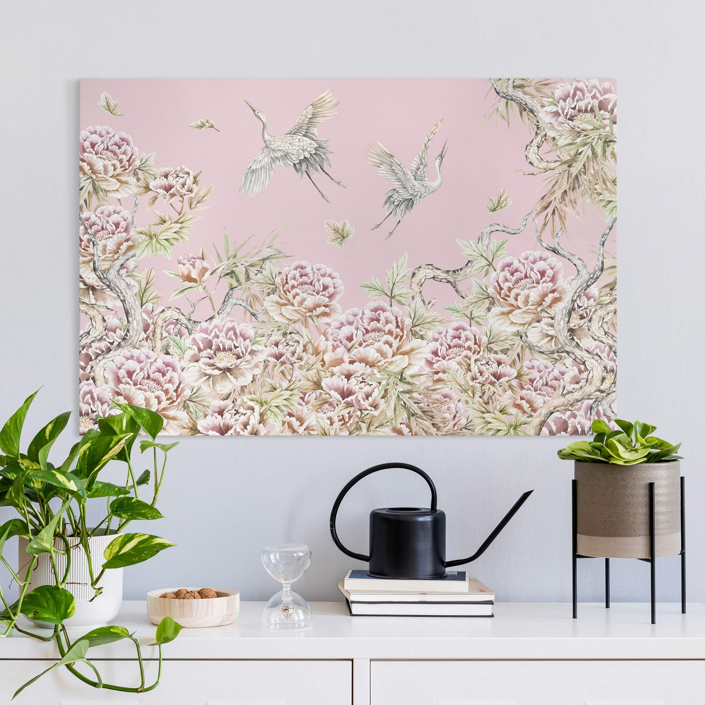 Leinwandbild Aquarell Störche im Flug mit Rosen auf Rosa