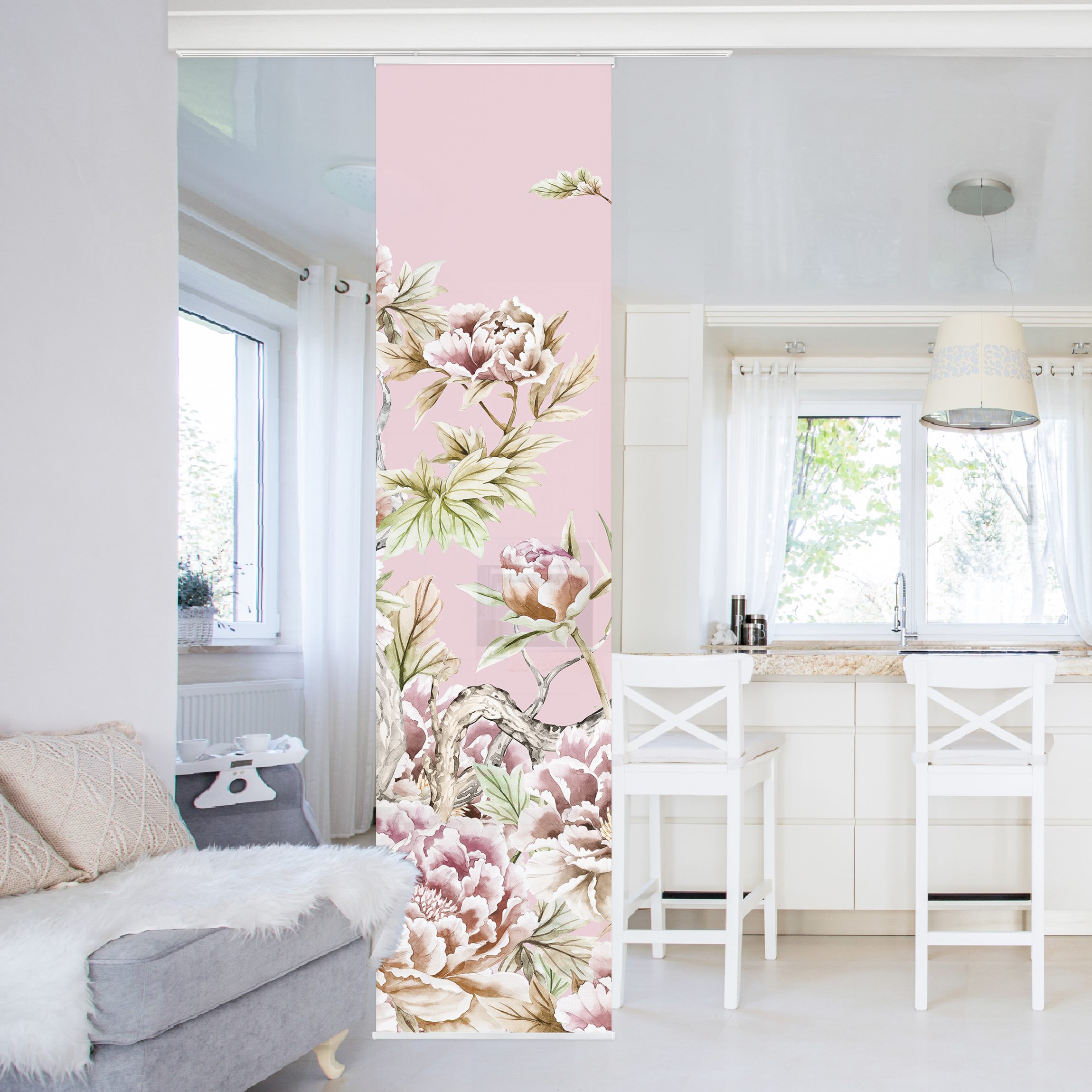 Schiebegardine Aquarell Störche im Flug mit Rosen auf Rosa