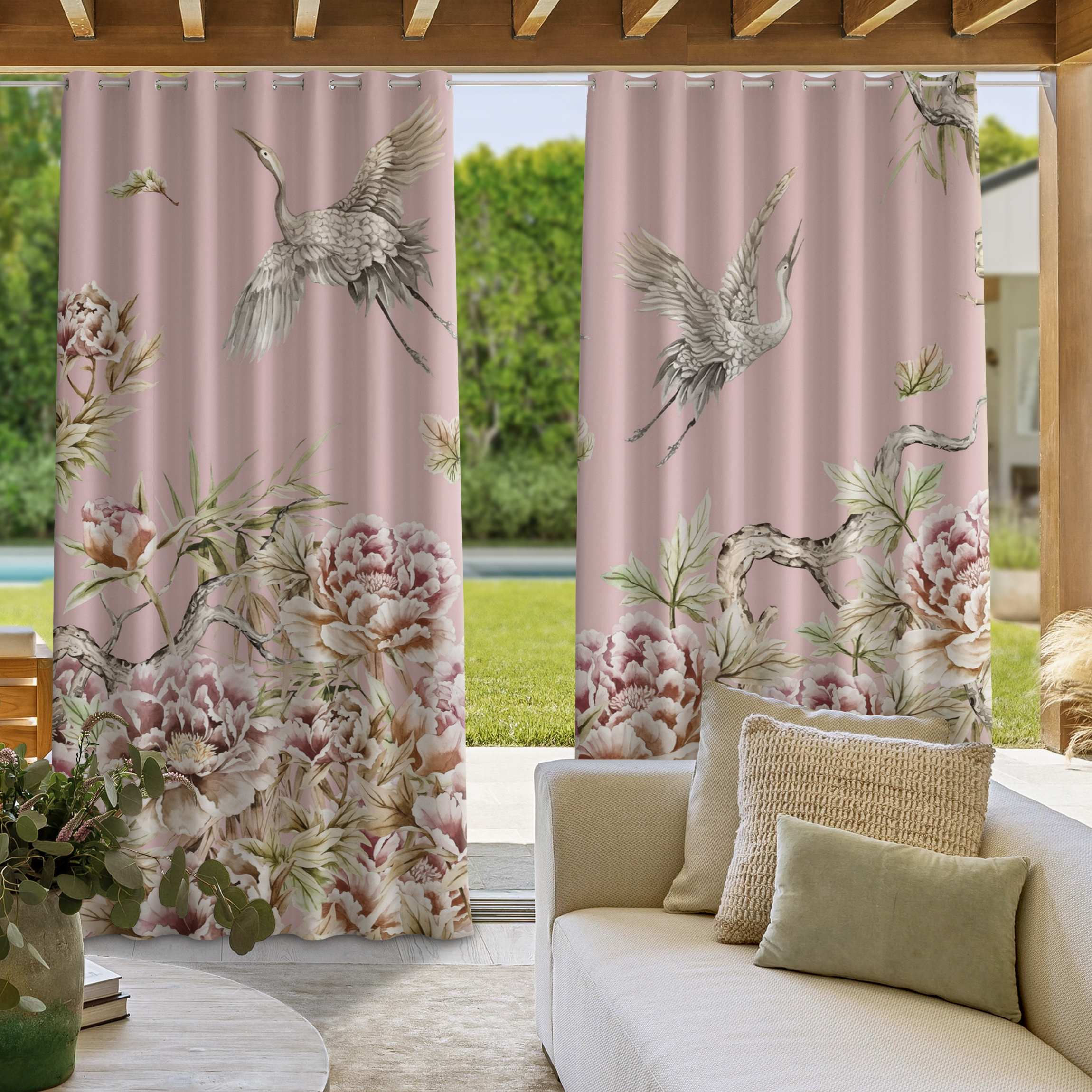 Outdoorvorhang Aquarell Störche im Flug mit Rosen auf Rosa