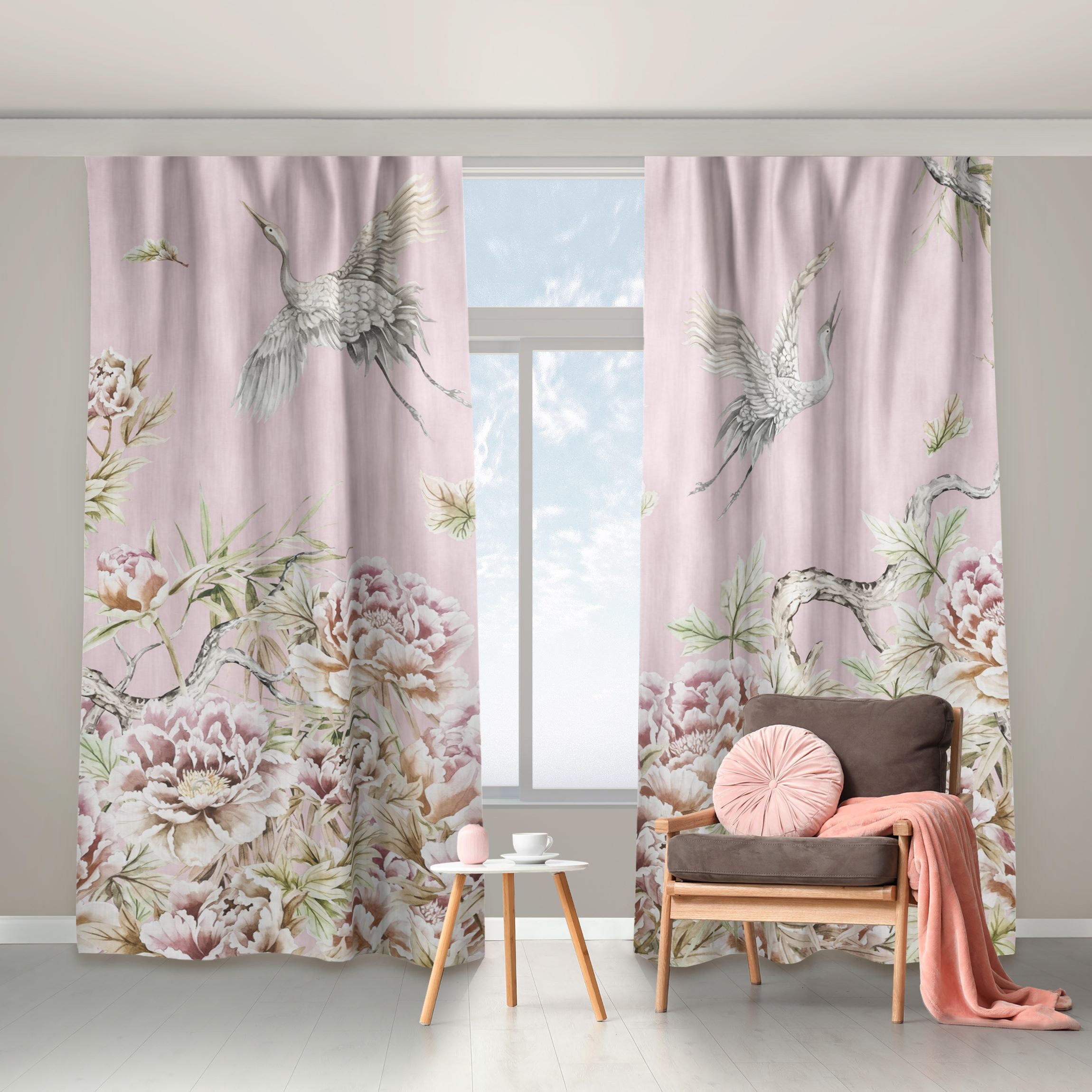 Vorhang Aquarell Störche im Flug mit Rosen auf Rosa
