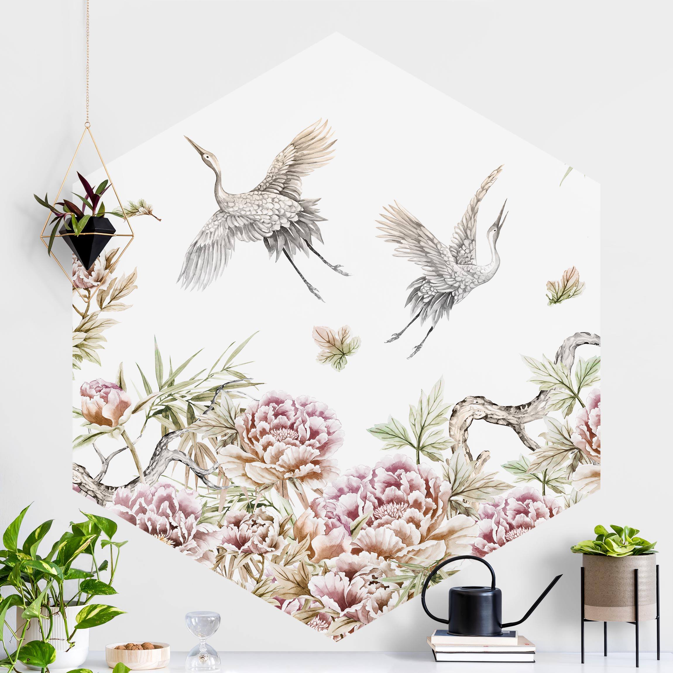 Hexagon Fototapete selbstklebend Aquarell Störche im Flug mit Rosen