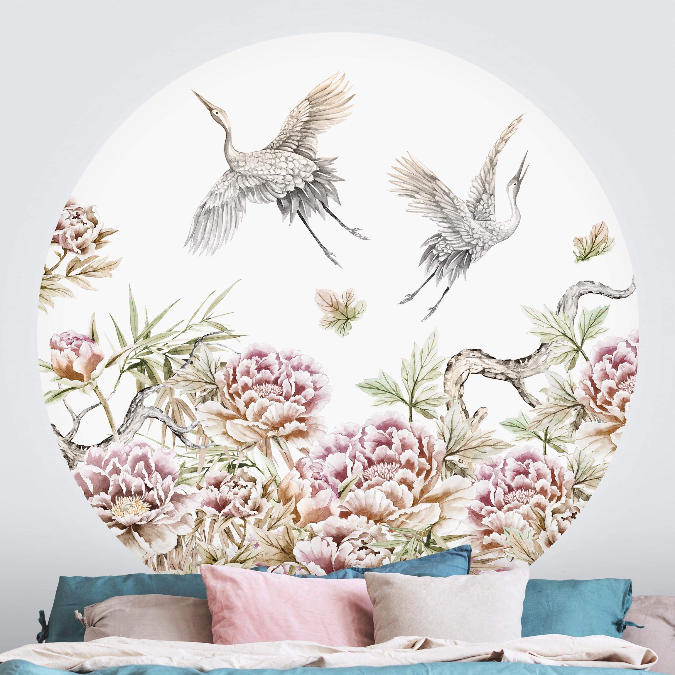 Runde Fototapete Aquarell Störche im Flug mit Rosen