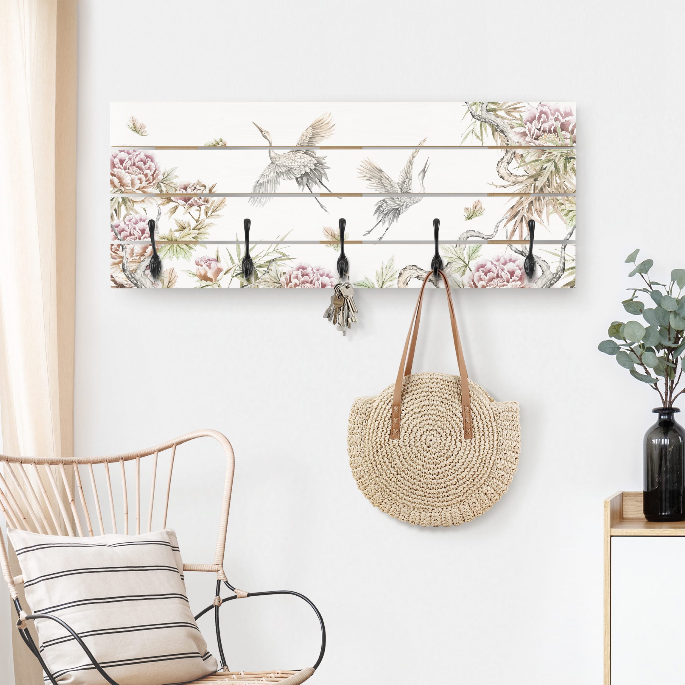 Wandgarderobe Aquarell Störche im Flug mit Rosen