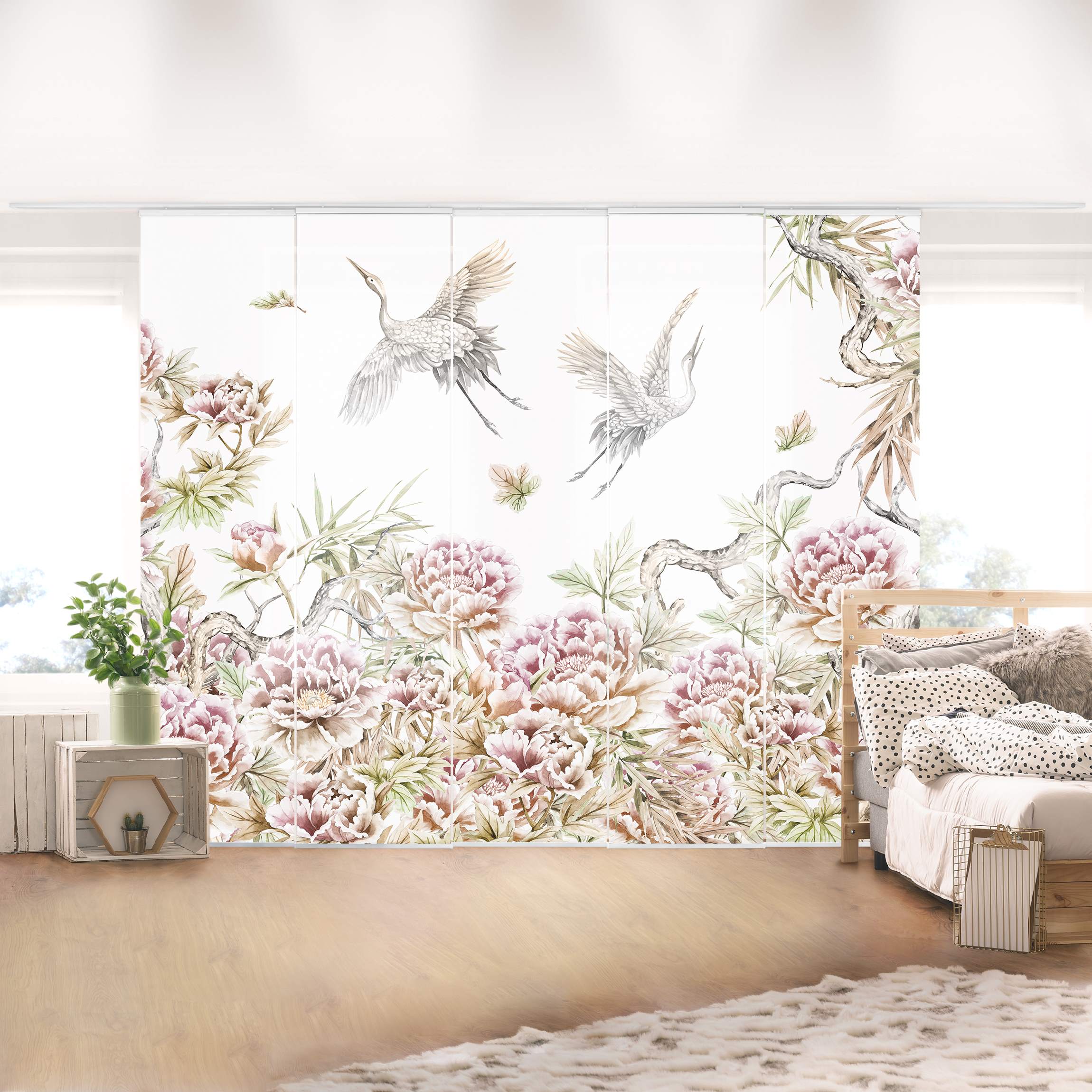 Schiebegardine Aquarell Störche im Flug mit Rosen