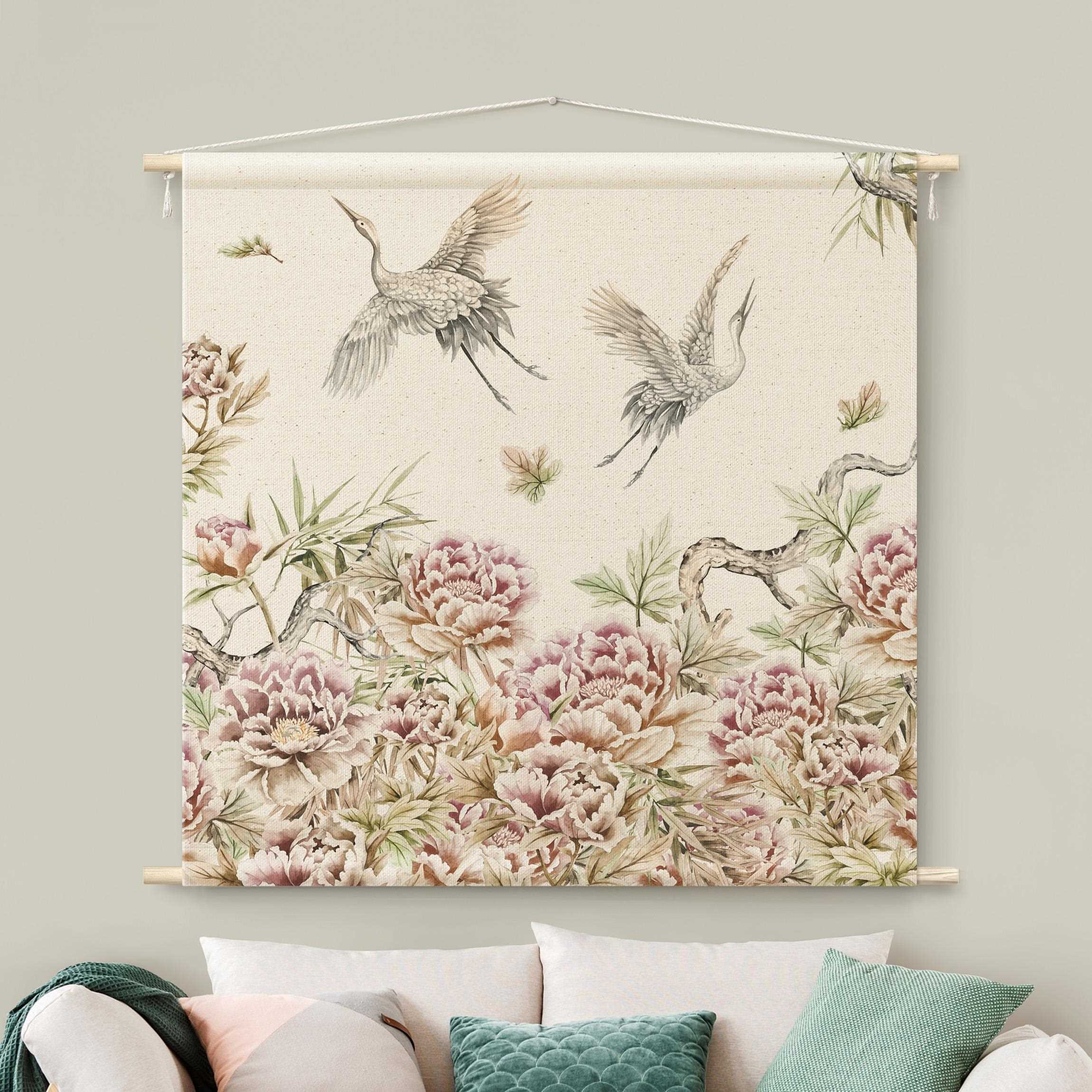 Wandteppich Aquarell Störche im Flug mit Rosen
