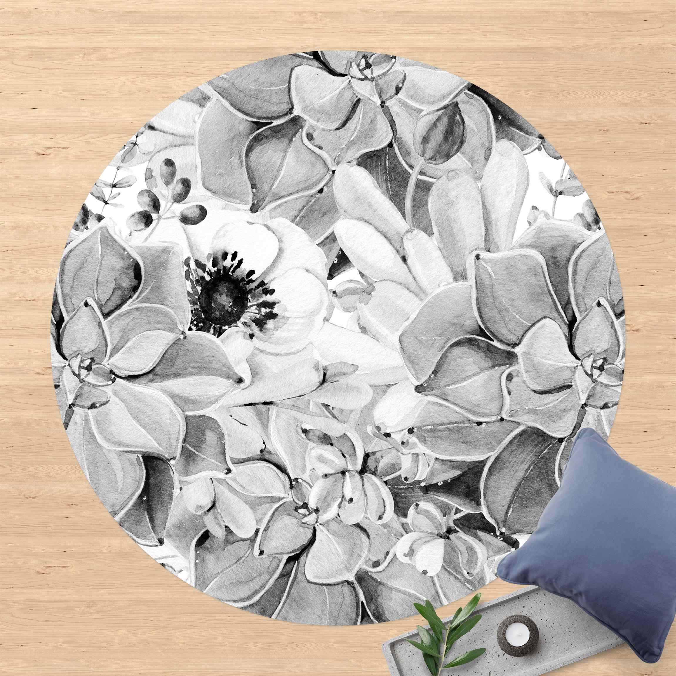 Runder Vinyl-Teppich Aquarell Sukkulente mit Blüte in Schwarz Weiß