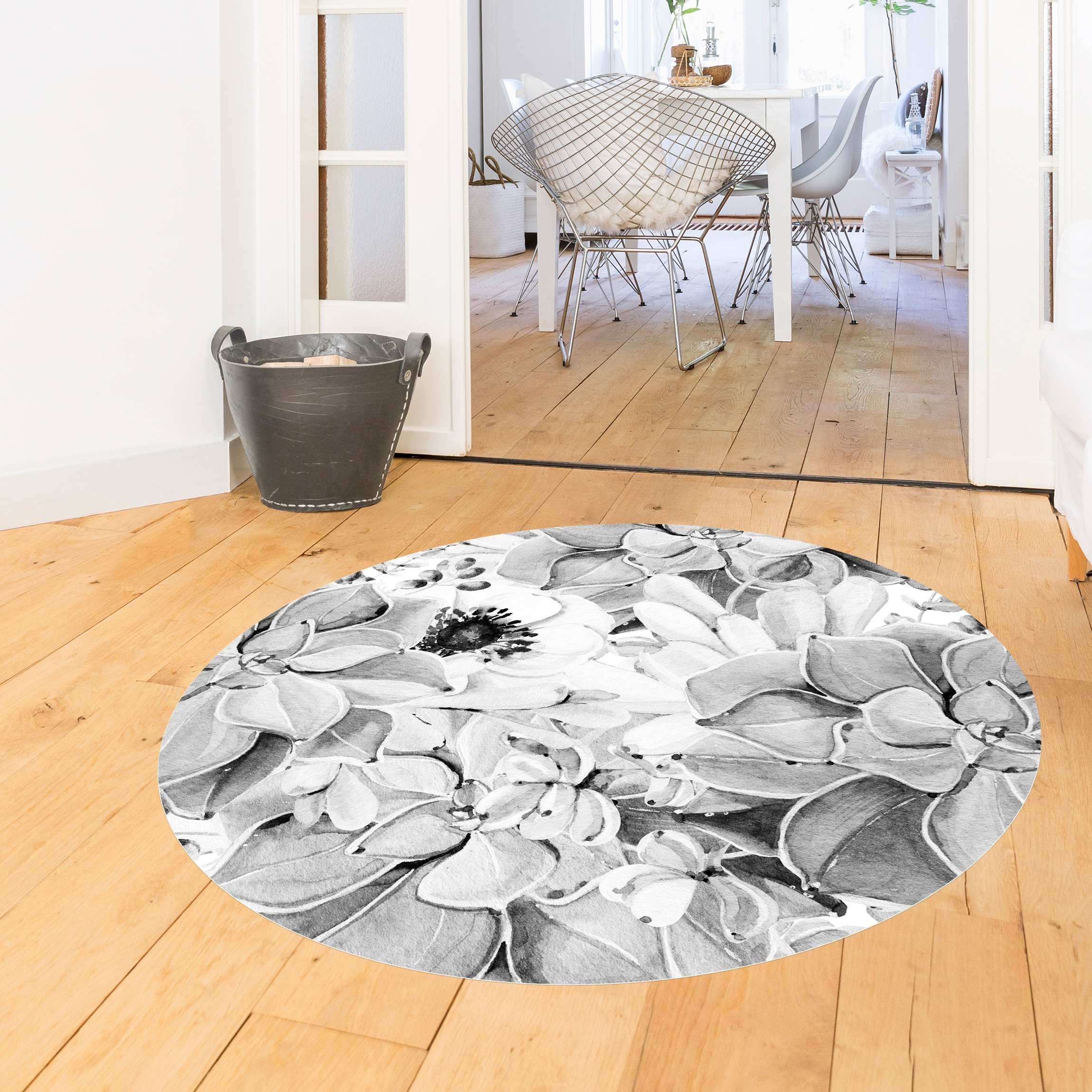 Runder Vinyl-Teppich Aquarell Sukkulente mit Blüte in Schwarz Weiß