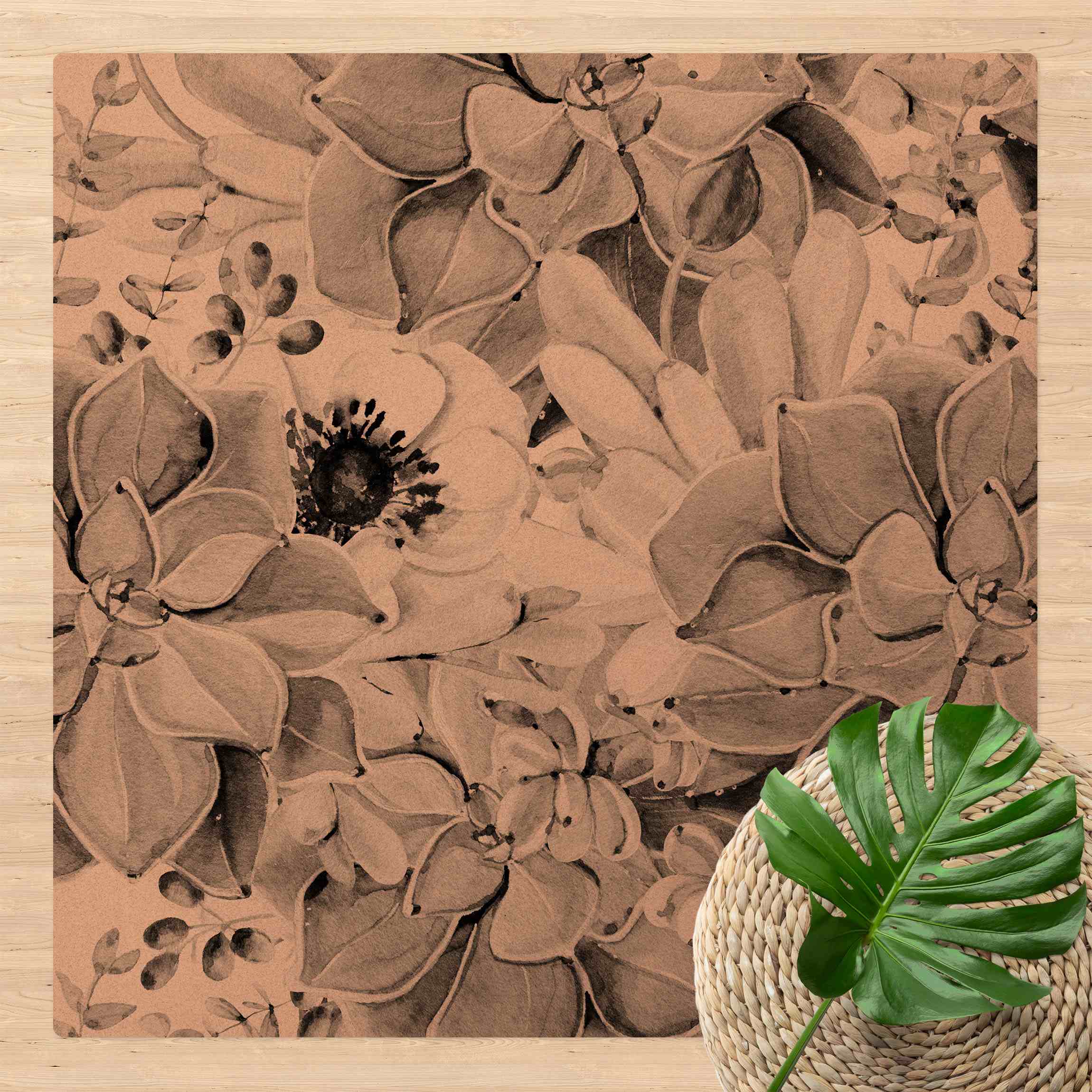 Kork-Teppich Aquarell Sukkulente mit Blüte in Schwarz Weiß