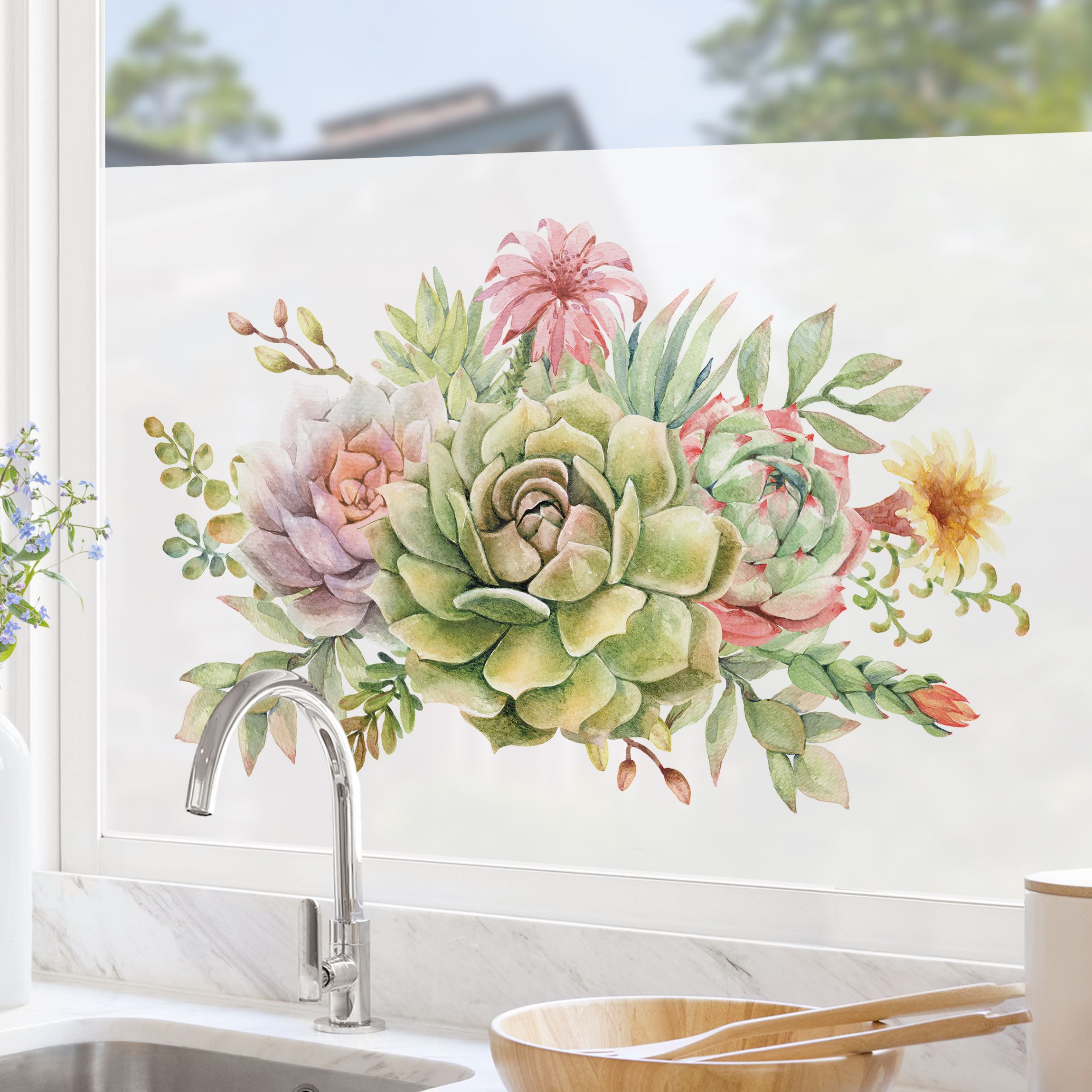 Fensterfolie Aquarell Sukkulenten Bouquet