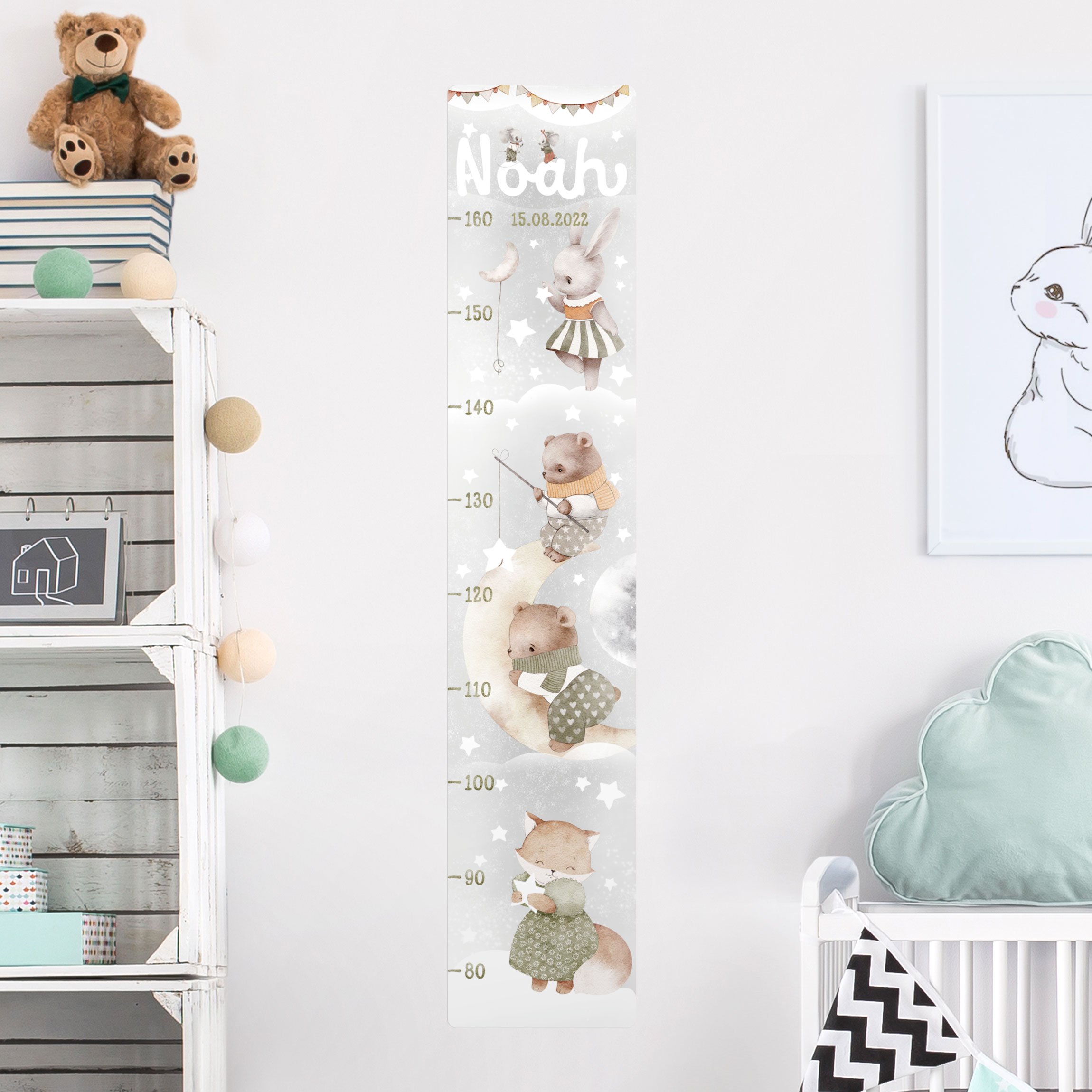 Kindermesslatte Wandtattoo Aquarell Tiere - Bis zum Mond mit Wunschname