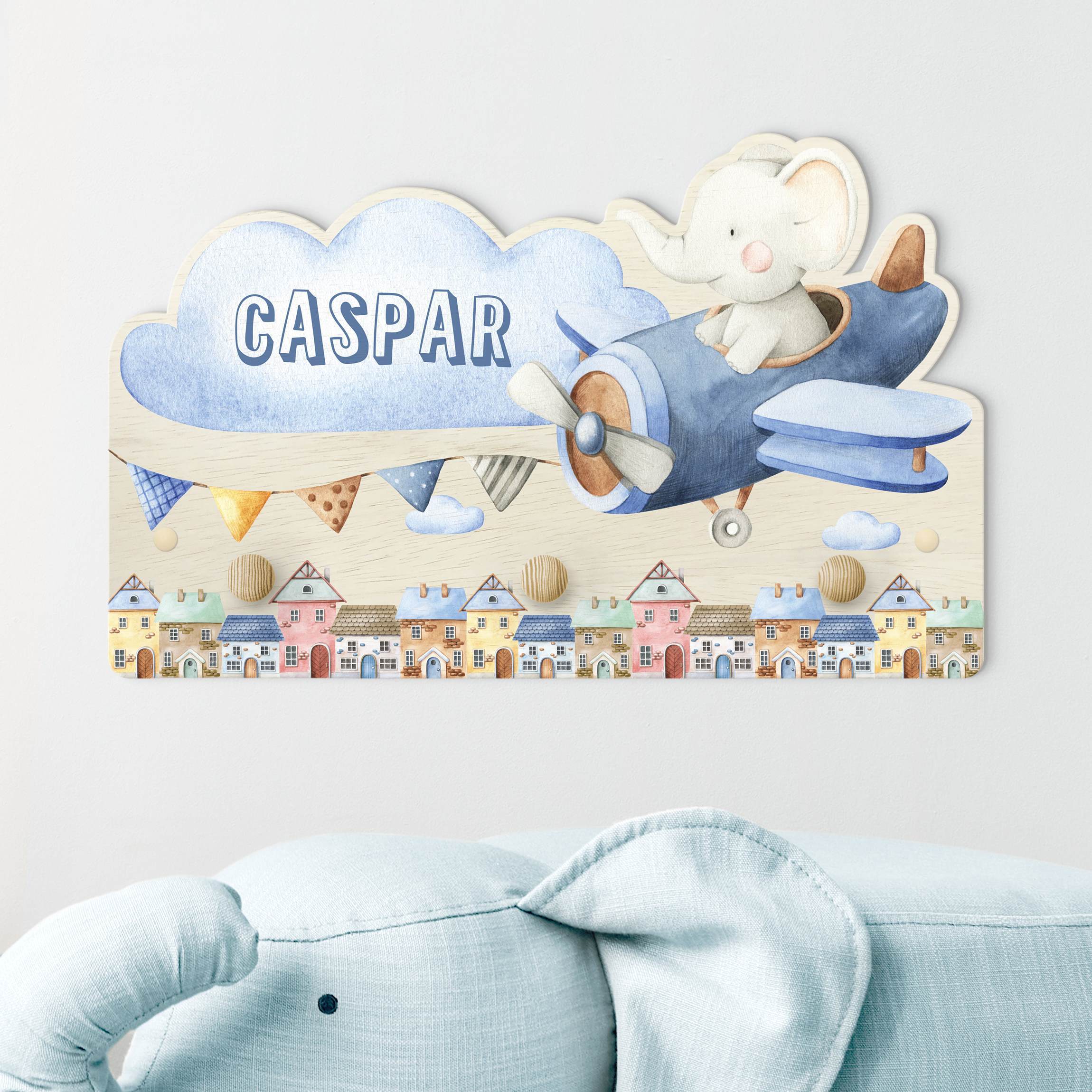 Kindergarderobe Holz mit Namen Aquarell Tierpilot Elefant mit Wunschname