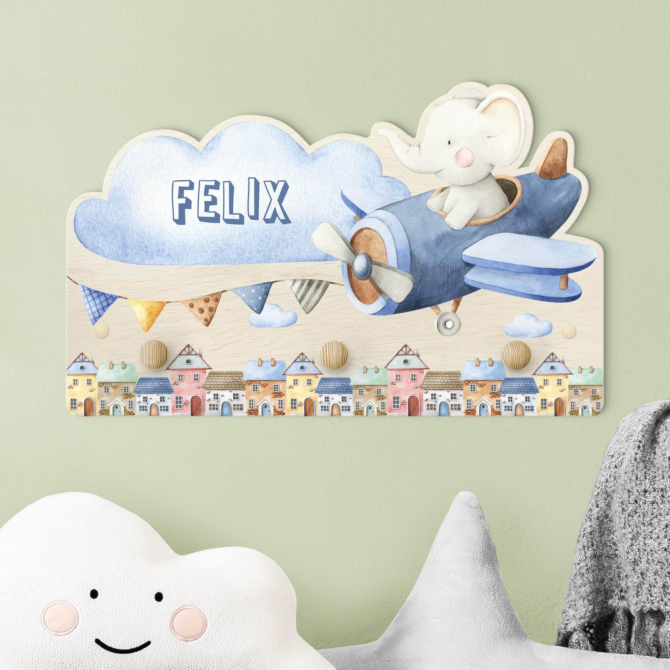 Kindergarderobe Holz mit Namen Aquarell Tierpilot Elefant mit Wunschname